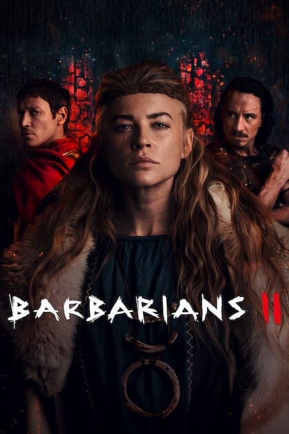 Three serious people in historical clothing stand in front of a dark, textured background with red light. White text reads Barbarians with a red II below it, suggesting the second season of a series. Now available to stream on IPTV BrasiL for viewers looking to experience epic history from home.