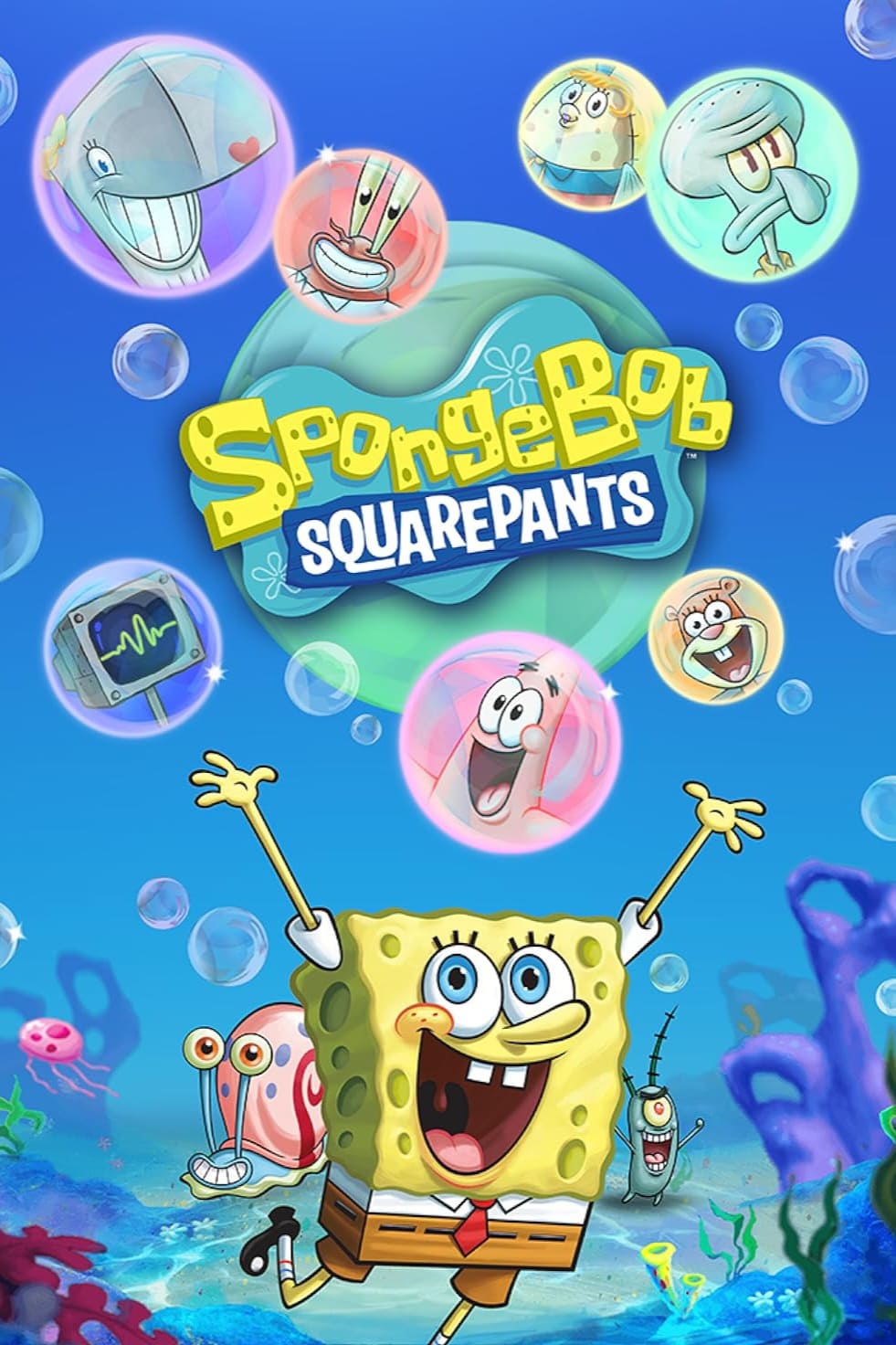 SpongeBob jumps for joy underwater, surrounded by bubbles with cartoon faces of his friends, including a snail, starfish, crab, squirrel, whale, and octopus. The colorful SpongeBob SquarePants title is in the center, bringing all the fun of the show straight to your screen—just like watching with Brasil IPTV or IPTV BrasiL.
