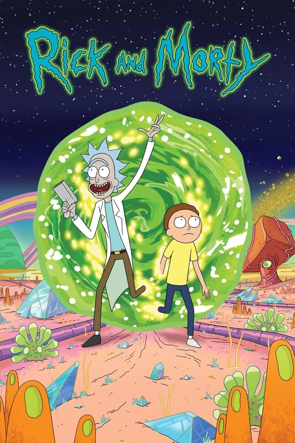 Rick and Morty stand in front of a glowing green portal on an alien planet with colorful terrain and futuristic structures, reminiscent of the vibrant visuals you might enjoy with IPTV Brasil. Rick holds a portal gun, and both characters look surprised.