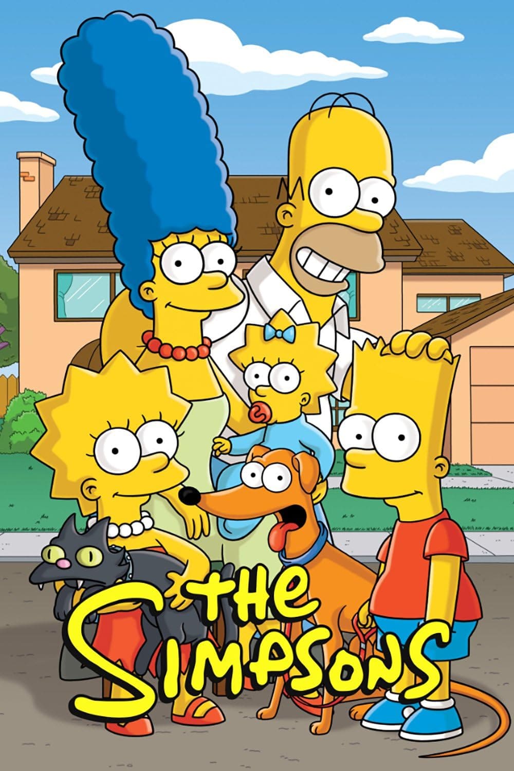 The animated Simpson family—Marge, Homer, Maggie, Lisa, and Bart—stand smiling in front of their house with their dog and cat. The yellow The Simpsons logo appears at the bottom, inviting fans to enjoy every hilarious episode through IPTV BrasiL.