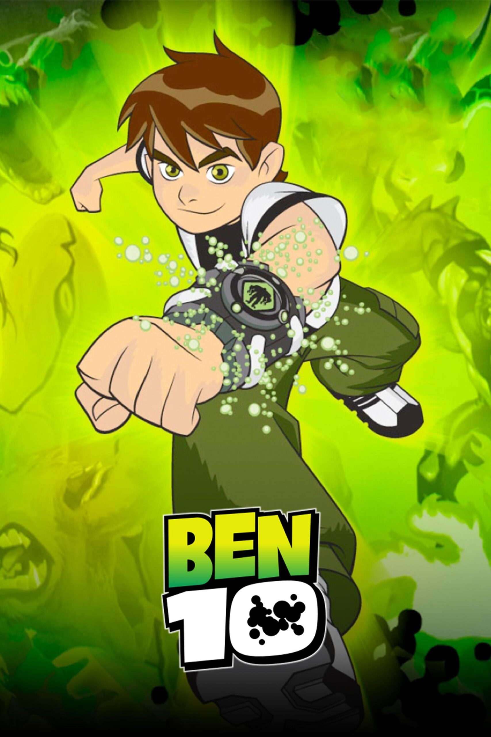 Animated boy with brown hair and green eyes wearing a white and green outfit, extending his fist with a glowing Omnitrix watch—bringing Ben 10 action to your screen. The Ben 10 logo is at the bottom, set against a backdrop of green alien shapes, perfect for fans tuning in through Brasil IPTV or exploring the universe with IPTV BrasiL.