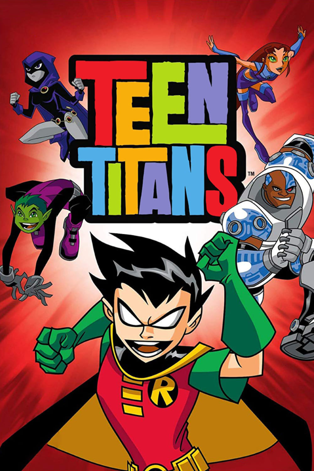 Five animated Teen Titans characters—Robin, Starfire, Cyborg, Raven, and Beast Boy—pose dynamically around the colorful Teen Titans logo on a red background, bringing the excitement of the show to every Brasil IPTV fan.