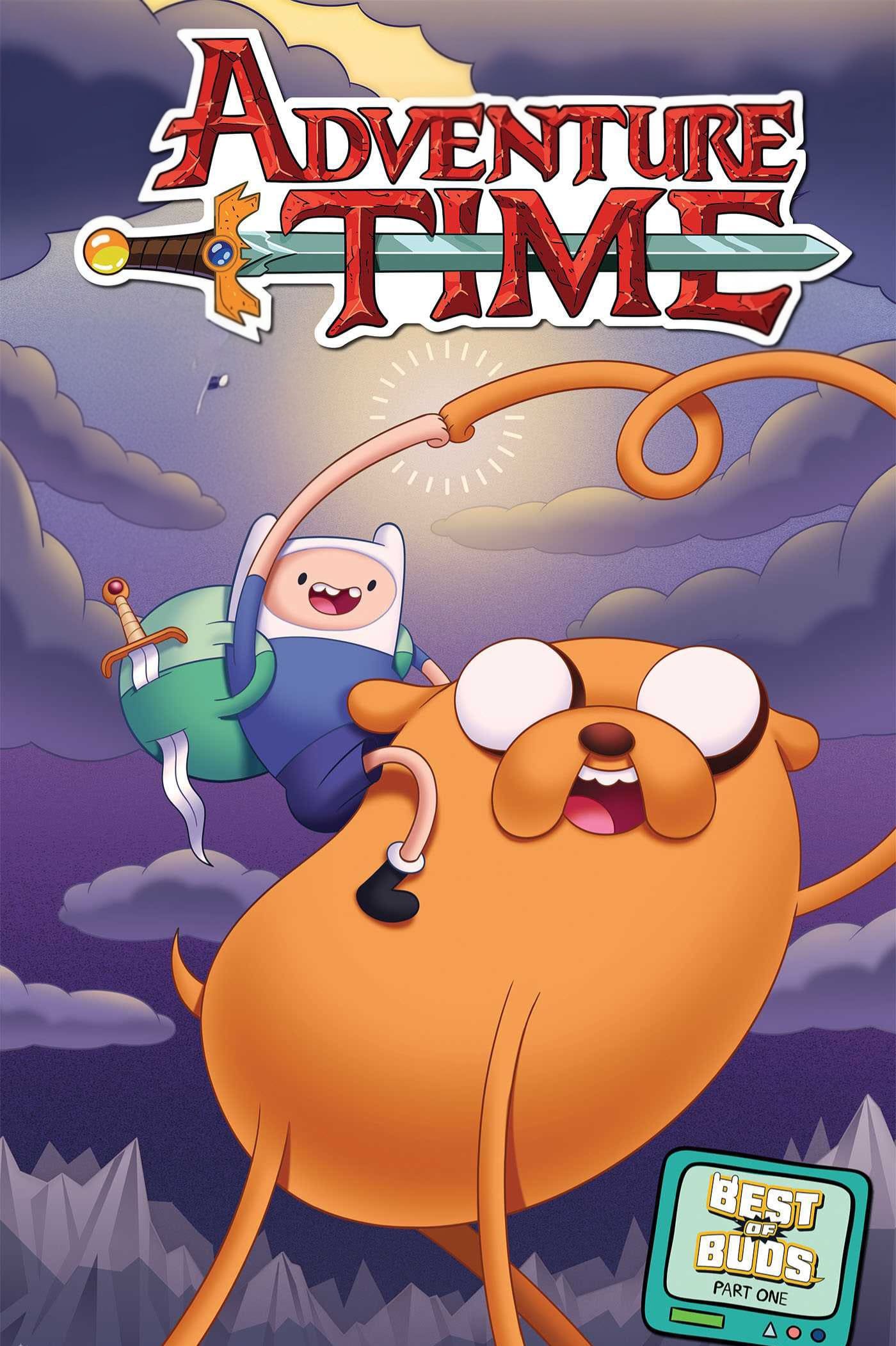 Finn, a boy with a backpack and sword, rides Jake, a large yellow dog, through a colorful mountainous landscape while both characters are smiling. The Adventure Time logo is at the top—making it the perfect scene for fans to enjoy their favorite episodes on IPTV BrasiL.