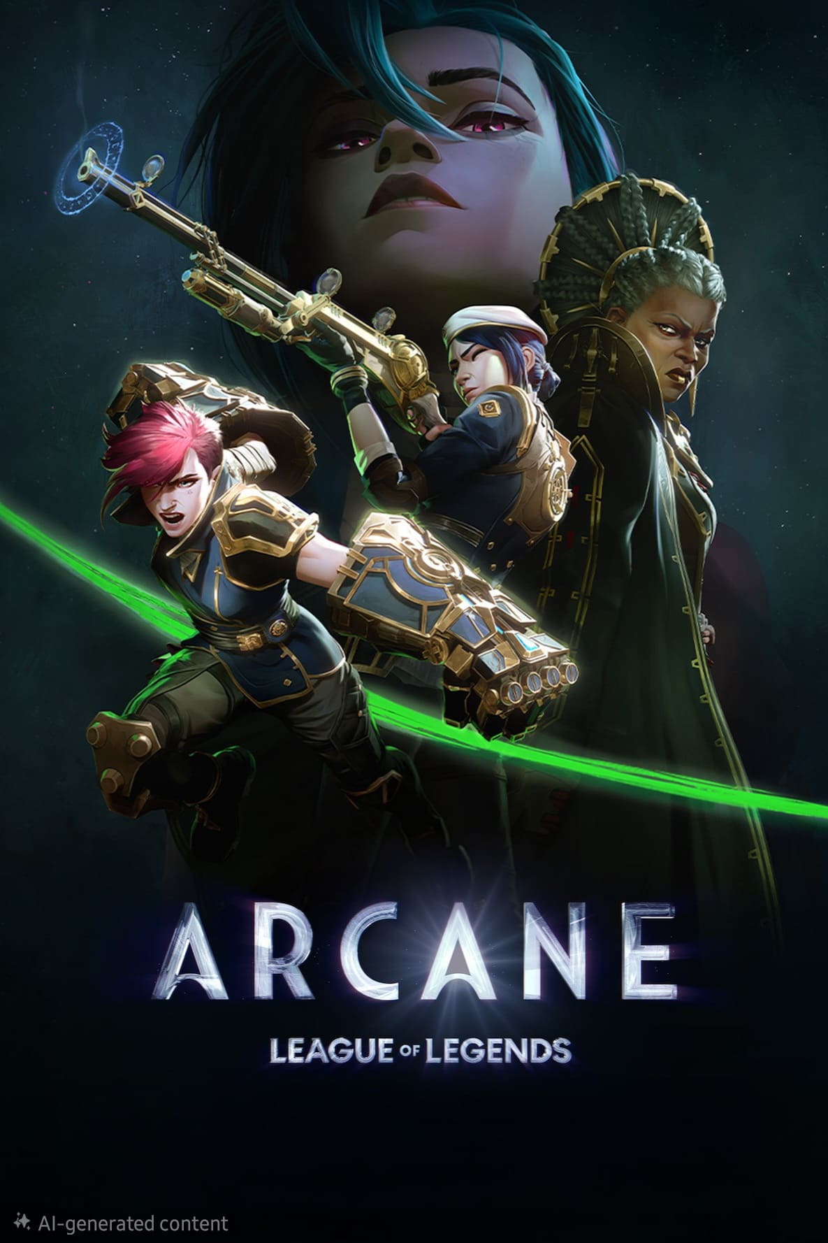 Arcane: League of Legends poster featuring three armed characters in dynamic poses with a large face looming above them, all set against a dark, cosmic background—perfect for fans enjoying the series through Brasil IPTV.