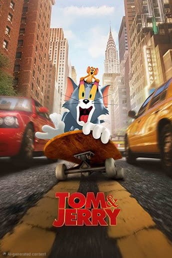 Tom the cat rides a skateboard down a city street with Jerry the mouse on his head. Yellow taxis and tall buildings line the street, capturing the lively energy of a big city—just like you’d find on Brasil IPTV. The Tom & Jerry logo is at the bottom.