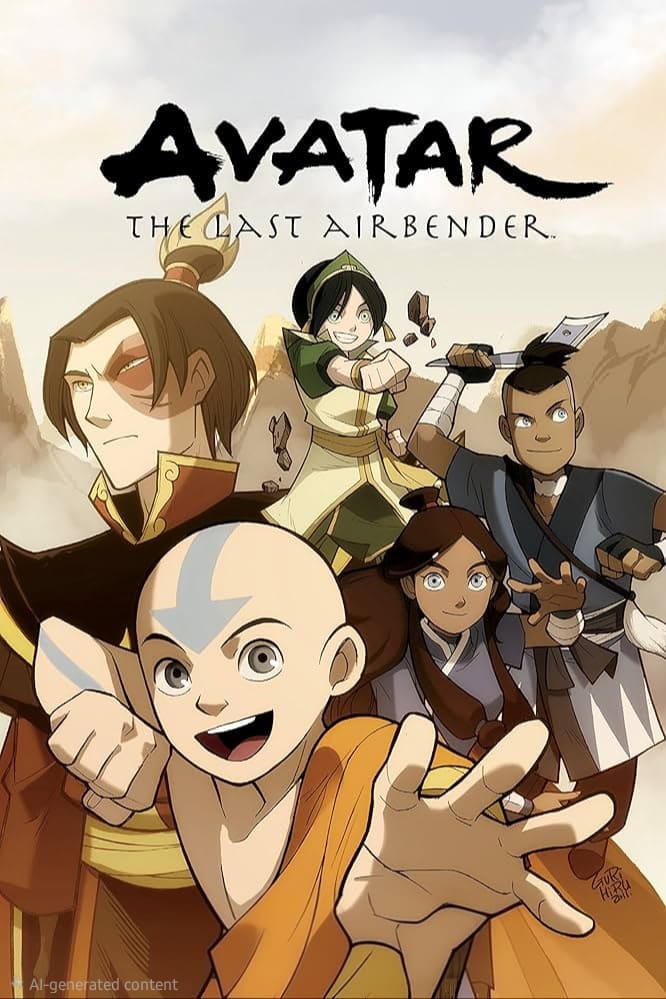 Five main characters from Avatar: The Last Airbender pose heroically, with Aang reaching forward, Katara, Sokka, Toph, and Zuko behind him, set against a mountainous landscape under the show’s logo—an epic scene perfect for fans watching on IPTV BrasiL.