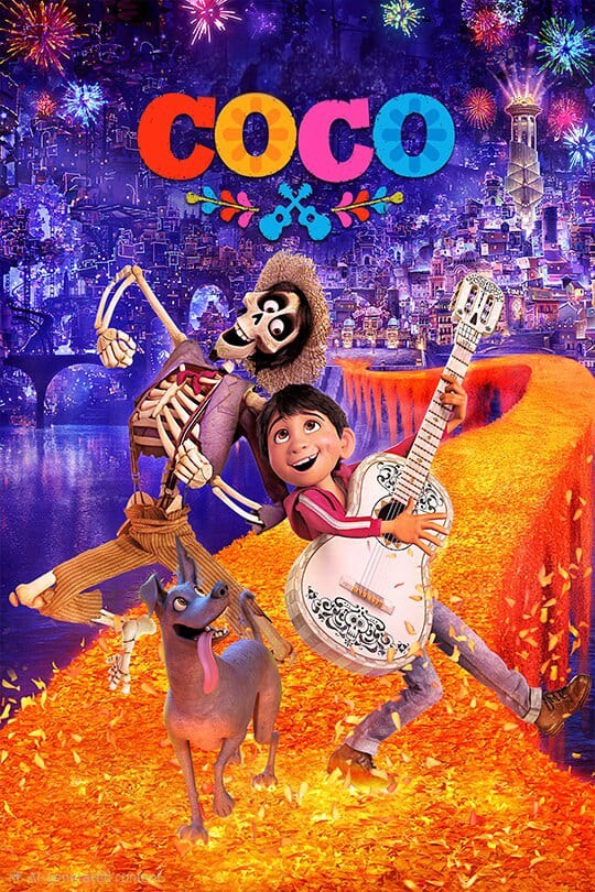 Poster for the movie Coco showing a boy with a guitar, a skeleton in a hat, and a dog on a glowing orange path of marigold petals, with a colorful city and fireworks in the background—perfect for fans enjoying Coco through IPTV BrasiL.