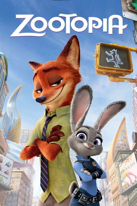 Zootopia movie poster featuring Nick Wilde, a fox in a green shirt and tie, and Judy Hopps, a rabbit in a police uniform, standing confidently in a cityscape—perfect for fans streaming their favorite films on Brasil IPTV.