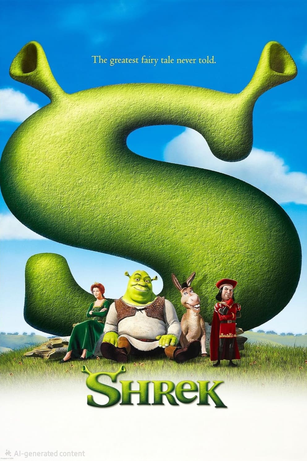 Four animated characters sit in front of a large green letter S shaped like ogre ears, with the text The greatest fairy tale never told above them. The word Shrek appears at the bottom, while a subtle reference to Brasil IPTV adds a modern twist for viewers who enjoy streaming their favorite fairy tales online.