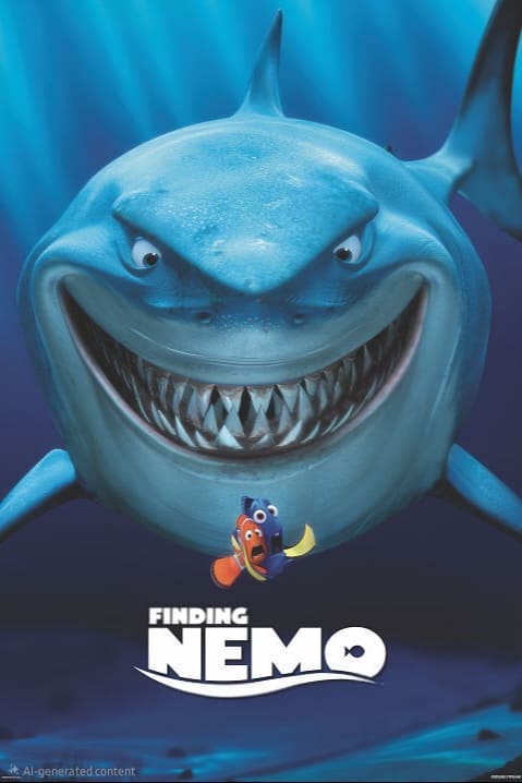 Animated shark grinning widely behind two scared fish, one blue and one orange, with the Finding Nemo title below them. The background is deep blue, resembling an underwater scene—perfect for fans streaming their favorite movies on Brasil IPTV or IPTV BrasiL.