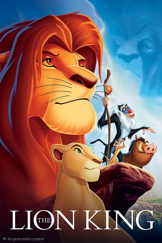 Illustrated poster for The Lion King showing a proud lion, a baboon holding a staff, a lioness, a warthog, and a meerkat against a blue sky with a lion face in the clouds—perfect for fans streaming classics on Brasil IPTV.