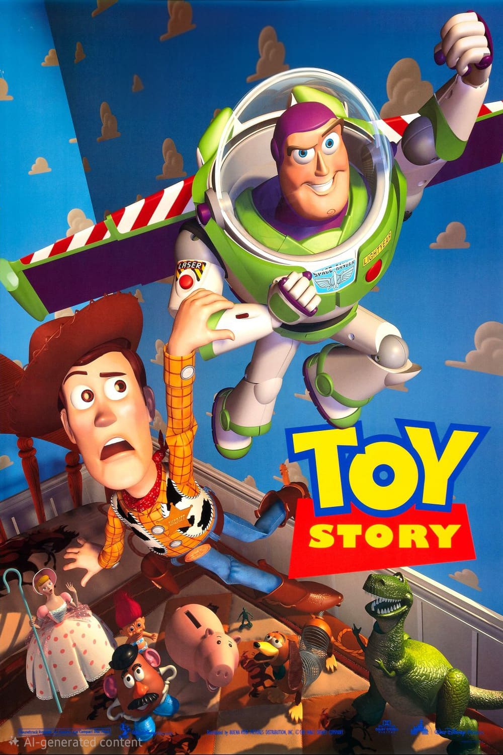 Woody and Buzz Lightyear from Toy Story are flying above Andy’s room with other toy characters below, bringing excitement just like discovering the world of IPTV BrasiL. The Toy Story logo is in bold yellow and blue letters on the right side.