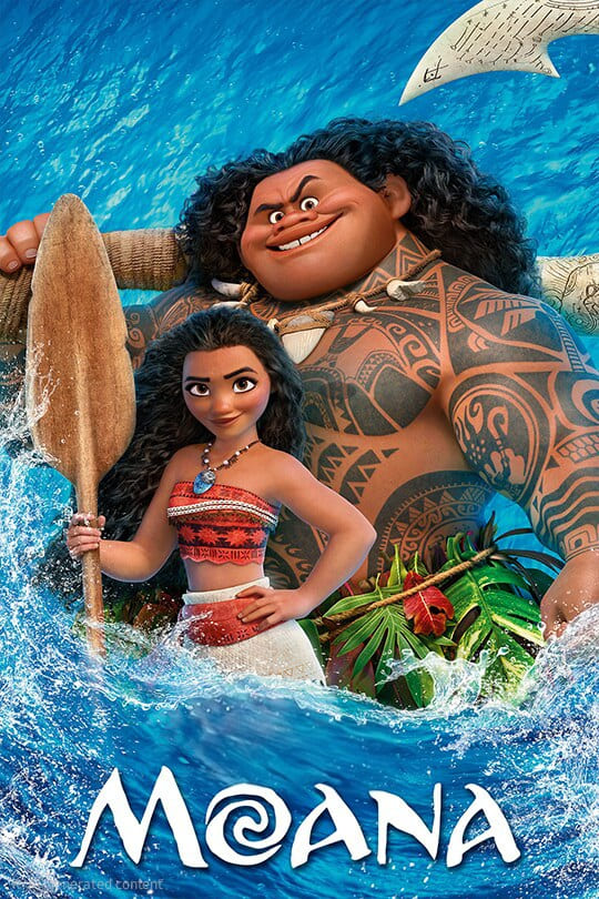 Animated characters Moana and Maui stand in the ocean, with waves splashing around them. Moana holds an oar, wearing a red top and cream skirt. Maui, covered in tattoos, holds a large fishhook. The vivid scene looks perfect for family viewing on IPTV Brasil. “Moana” is written at the bottom.