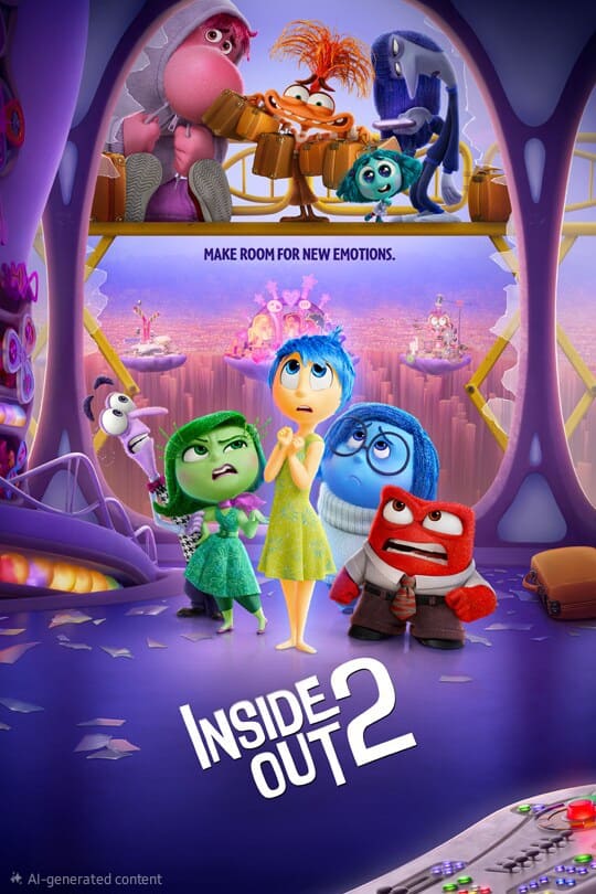 Poster for Inside Out 2 showing animated emotions—Joy, Sadness, Anger, Disgust, and Fear—standing together, with new characters above and the tagline Make Room for New Emotions. Perfect for fans discovering the latest releases through Brasil IPTV.