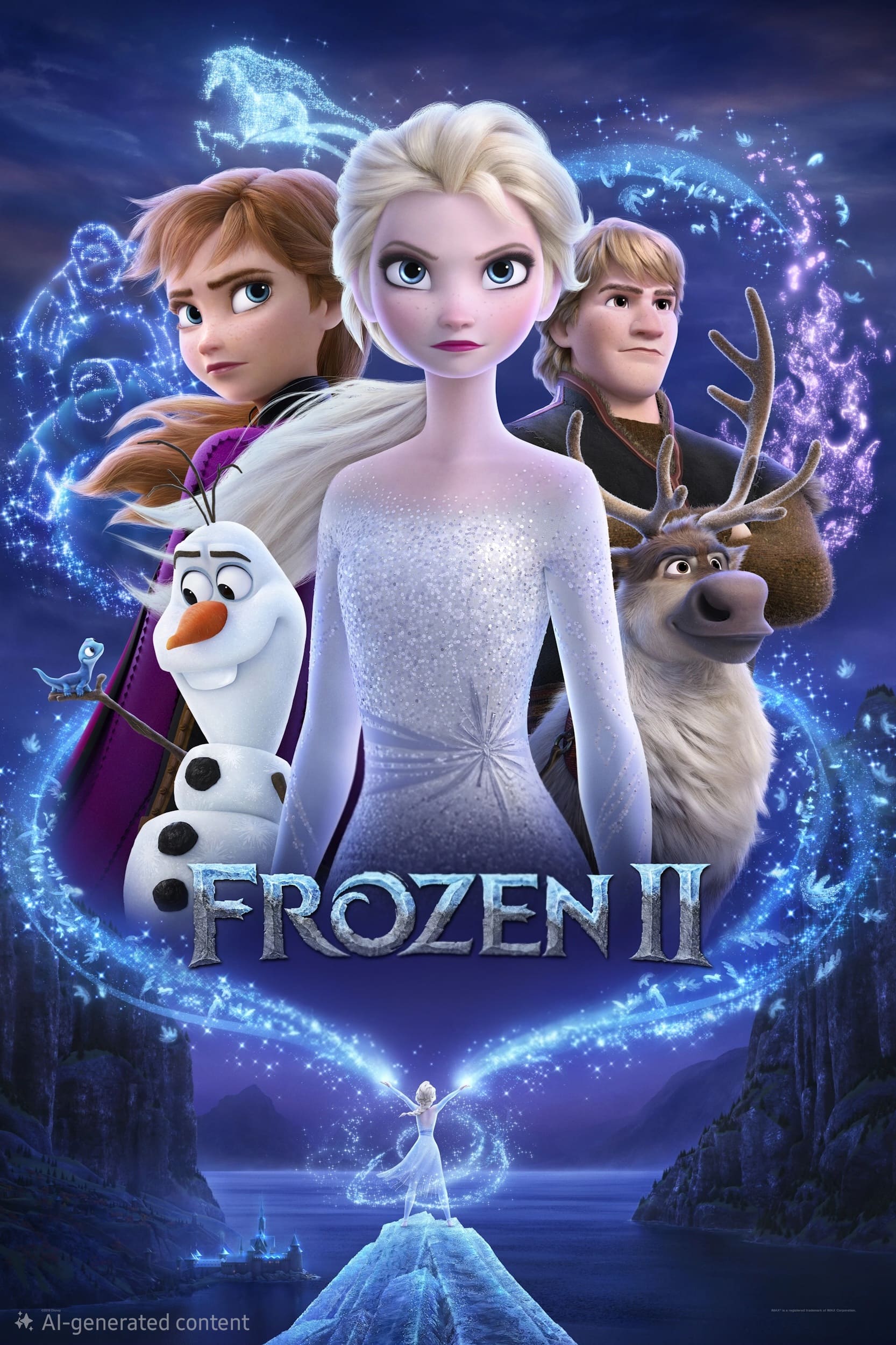 Poster for Frozen II featuring animated characters Elsa, Anna, Kristoff, Olaf, and Sven against a magical, wintry background with glowing blue designs and the Frozen II logo at the bottom—perfect for fans streaming the adventure on IPTV BrasiL.