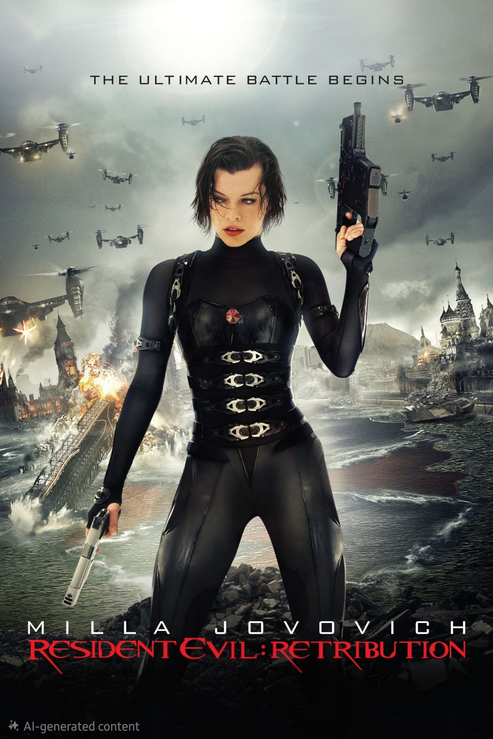 Woman in black tactical suit holding guns stands amid destruction; burning city, flying aircraft, and explosions in the background. Text reads Resident Evil: Retribution and Milla Jovovich. Experience the action with IPTV BrasiL for the ultimate viewing thrill.