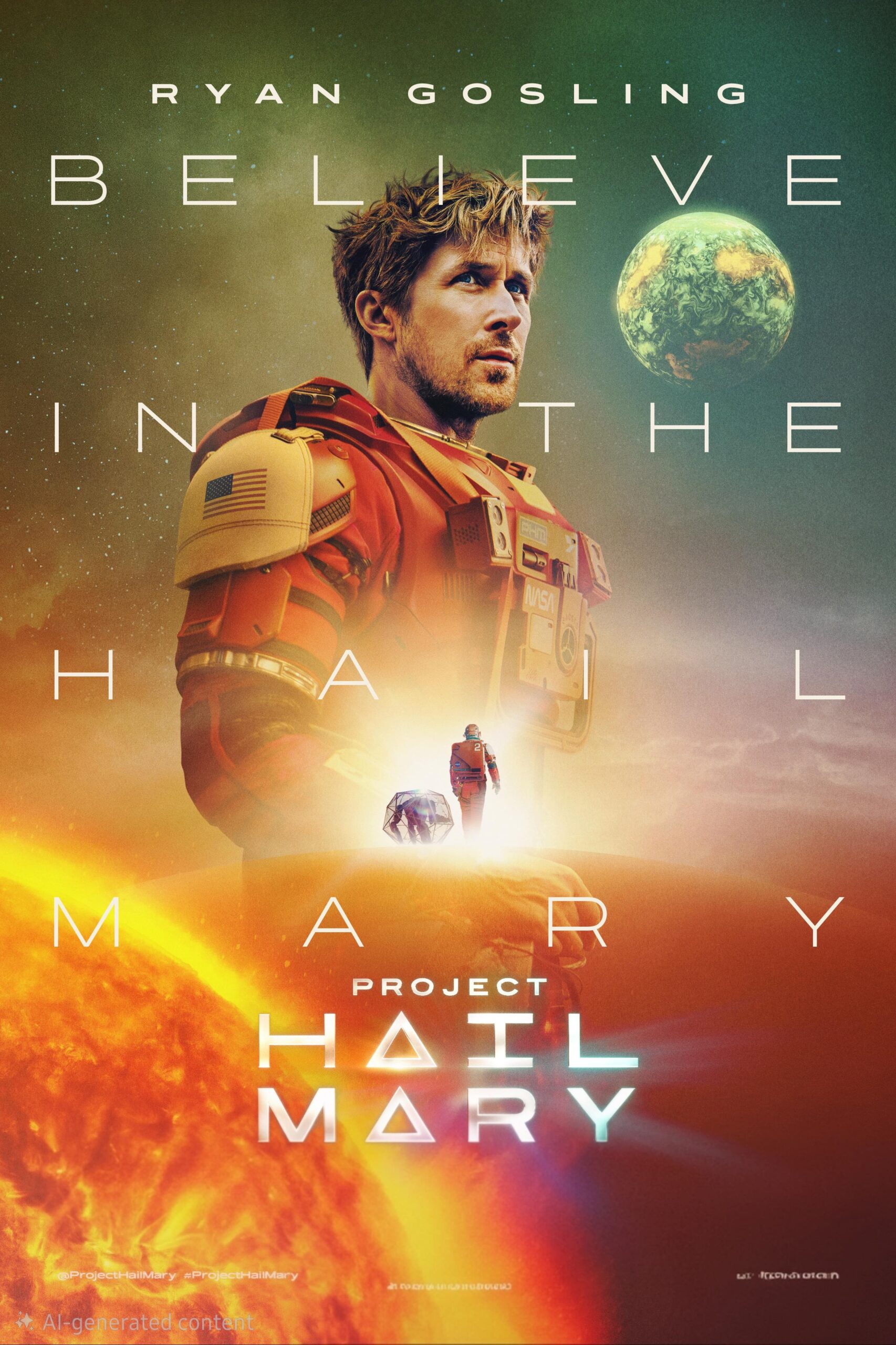 Movie poster for Project Hail Mary shows an astronaut, played by Ryan Gosling, in space gear with Earth and the sun in the background. Text reads: Believe in the Hail Mary. Experience cinematic moments like this from anywhere with IPTV BrasiL.
