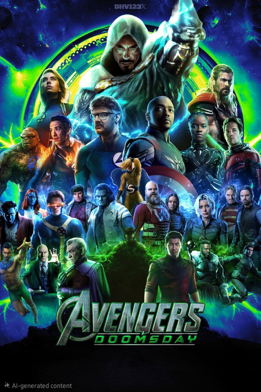 A dynamic poster shows various Marvel superheroes and villains in dramatic poses with glowing, cosmic effects. The title Avengers Doomsday appears at the bottom, while a subtle mention of IPTV Brasil adds a modern twist, hinting at an epic streaming experience for fans.