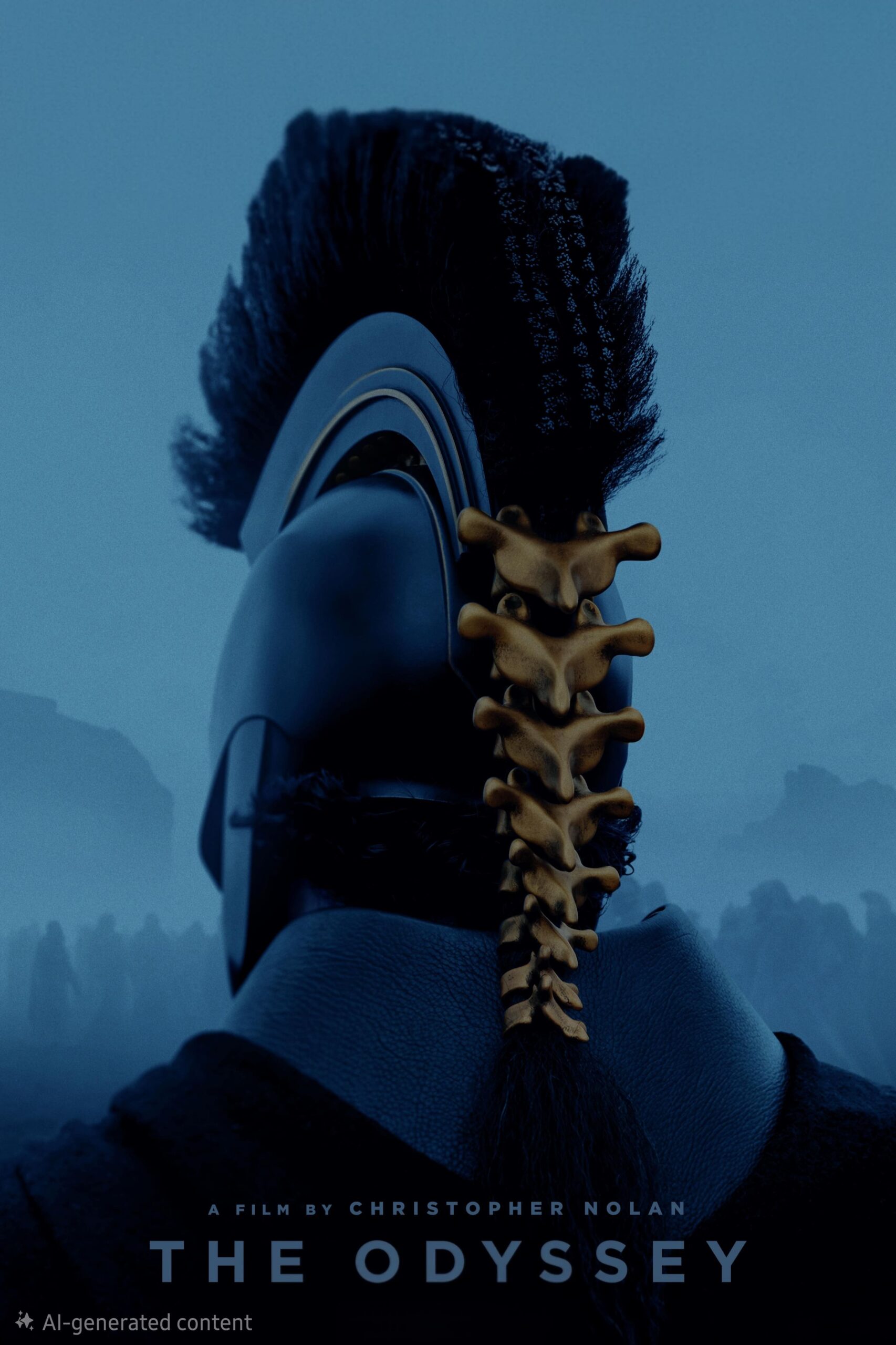 A figure in a dark helmet with a plume and a spine-like decoration on the back stands against a foggy blue background. Text reads: A Film by Christopher Nolan - The Odyssey. Experience this epic journey like never before, streaming exclusively on IPTV BrasiL.