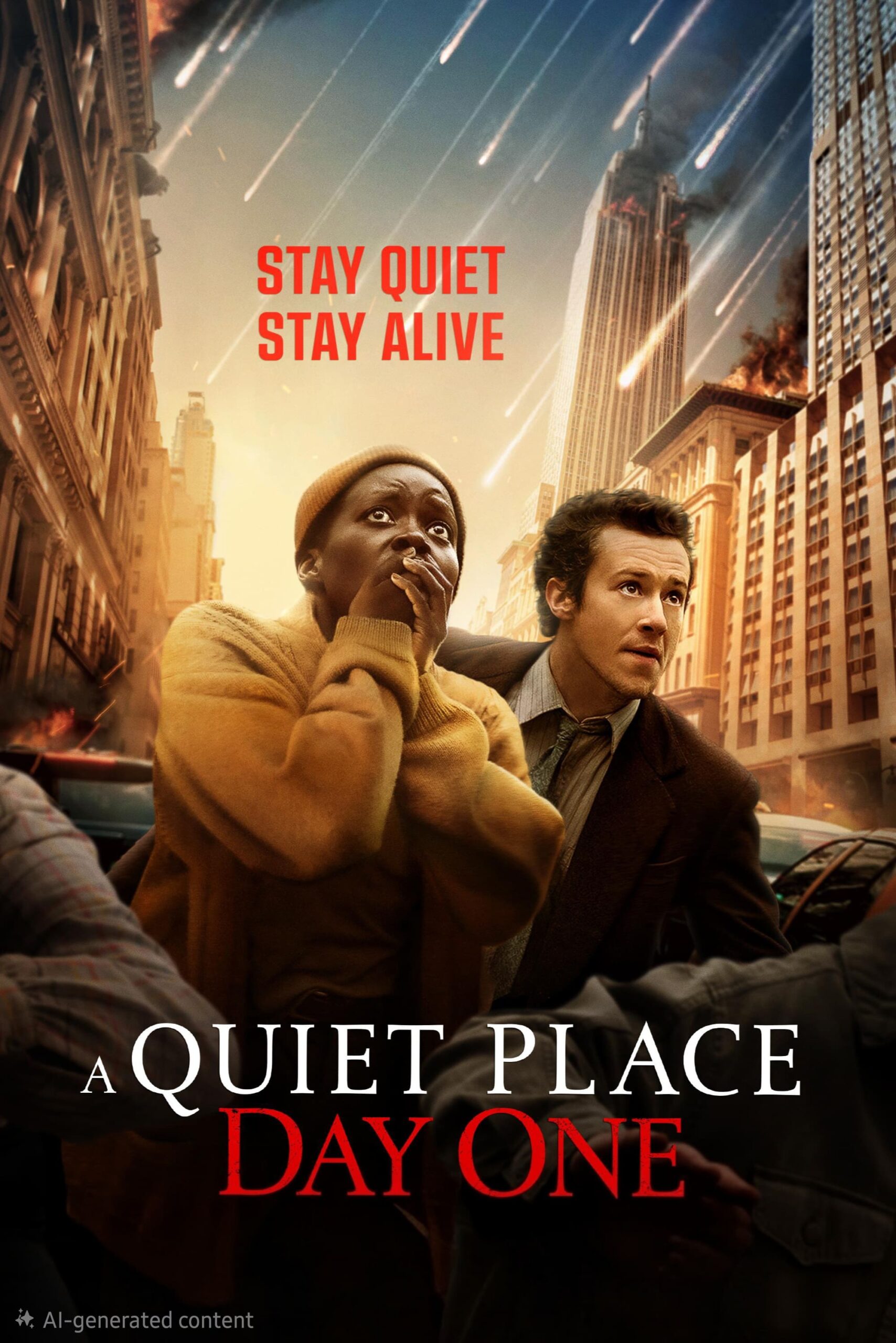 Two people look scared as fiery objects fall from the sky onto a city. Buildings burn, and the words Stay Quiet Stay Alive appear above. Text at the bottom reads A Quiet Place Day One. In the corner, there’s a subtle mention of IPTV Brasil, hinting at an exclusive streaming experience amid chaos and suspense.