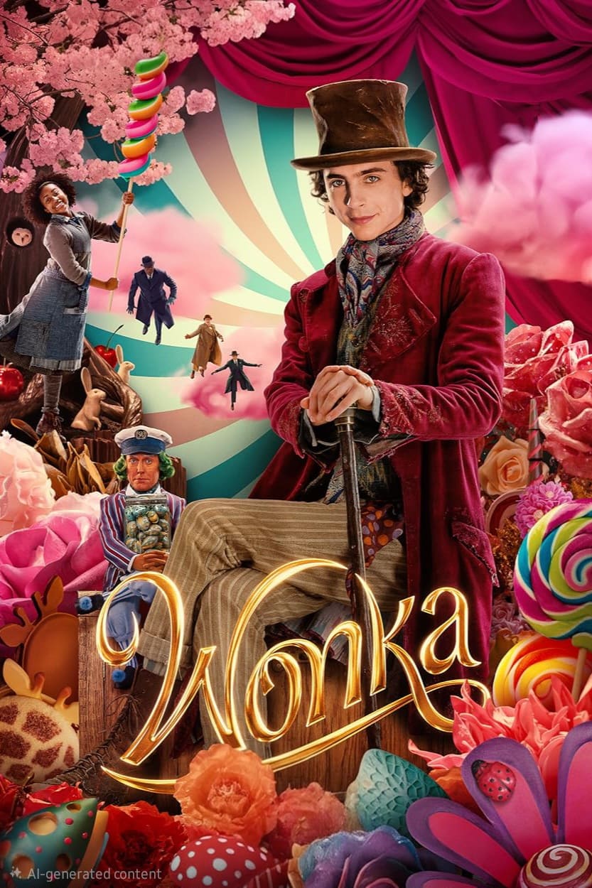A man in a purple coat and top hat stands amid colorful candy, sweets, and whimsical scenery, with Wonka written in glowing gold letters at the bottom—perfect for streaming magic moments on Brasil IPTV.