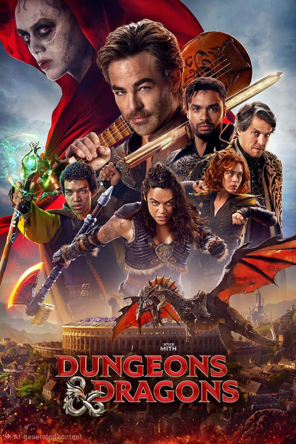 A fantasy movie poster shows six armed heroes, a red-cloaked figure, and a dragon over a medieval city. The title reads Dungeons & Dragons: Honor Among Thieves, now streaming on Brasil IPTV for fans in search of epic adventures.