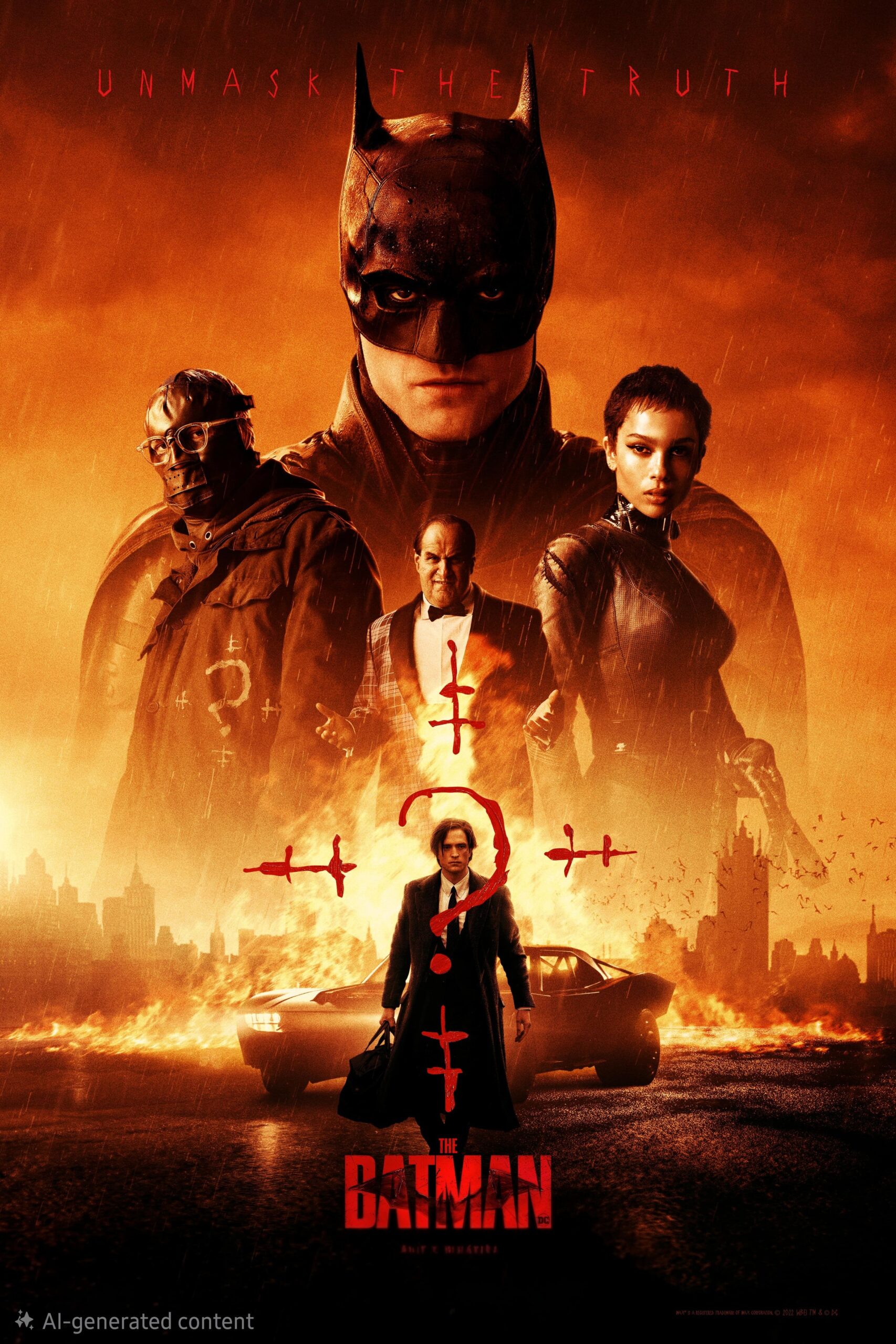 Movie poster for The Batman featuring Batman, Catwoman, Alfred, and other characters with a red and orange background, a car, and a large question mark in the center. Text at the top reads Unmask the truth. Perfect for fans looking to stream on IPTV Brasil or discover The Batman on their favorite IPTV BrasiL platform.