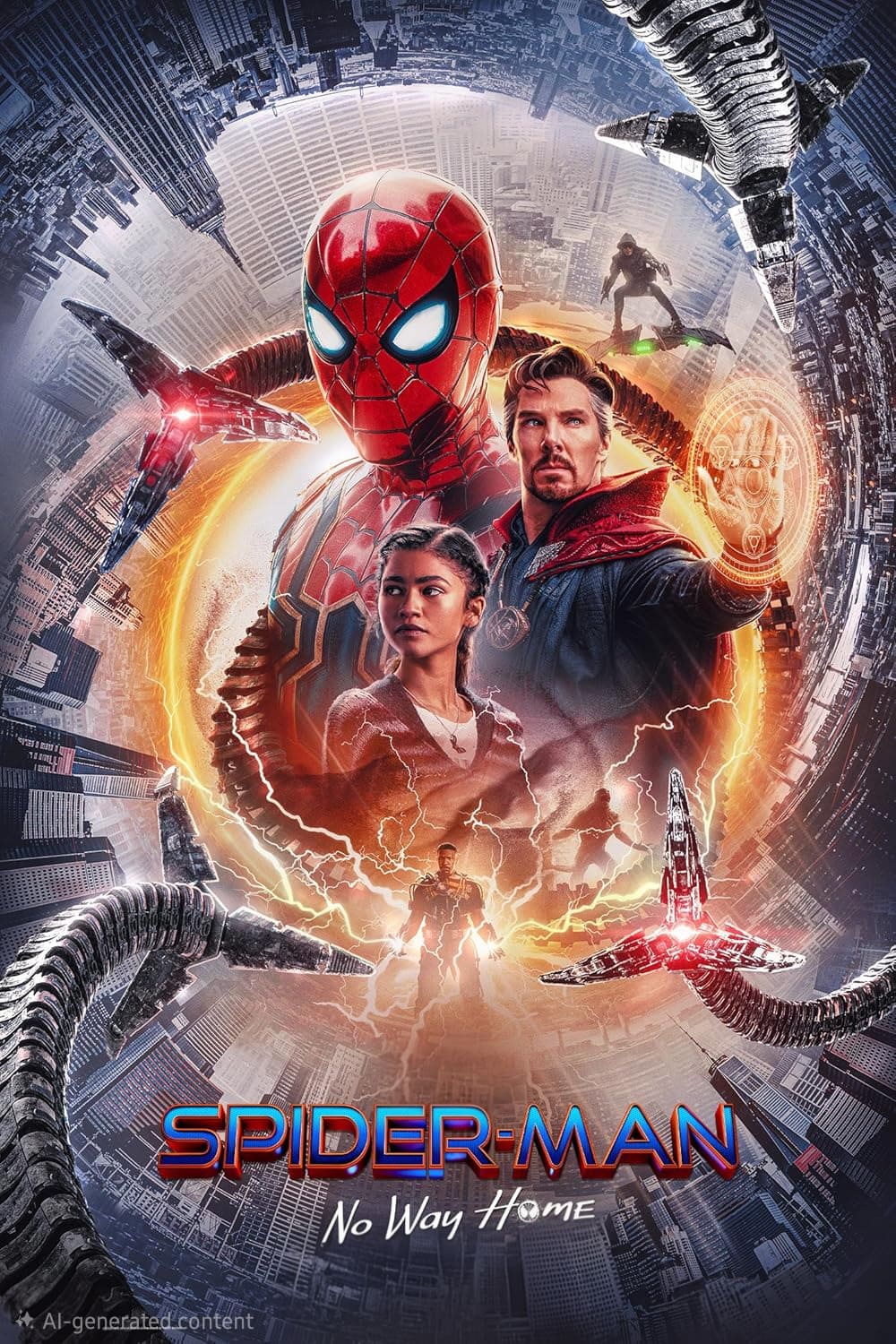 Poster for Spider-Man: No Way Home showing Spider-Man, Doctor Strange, and a woman, with city buildings, magic effects, and mechanical arms in the background. The movie title is at the bottom—perfect for fans streaming movies on Brasil IPTV platforms.