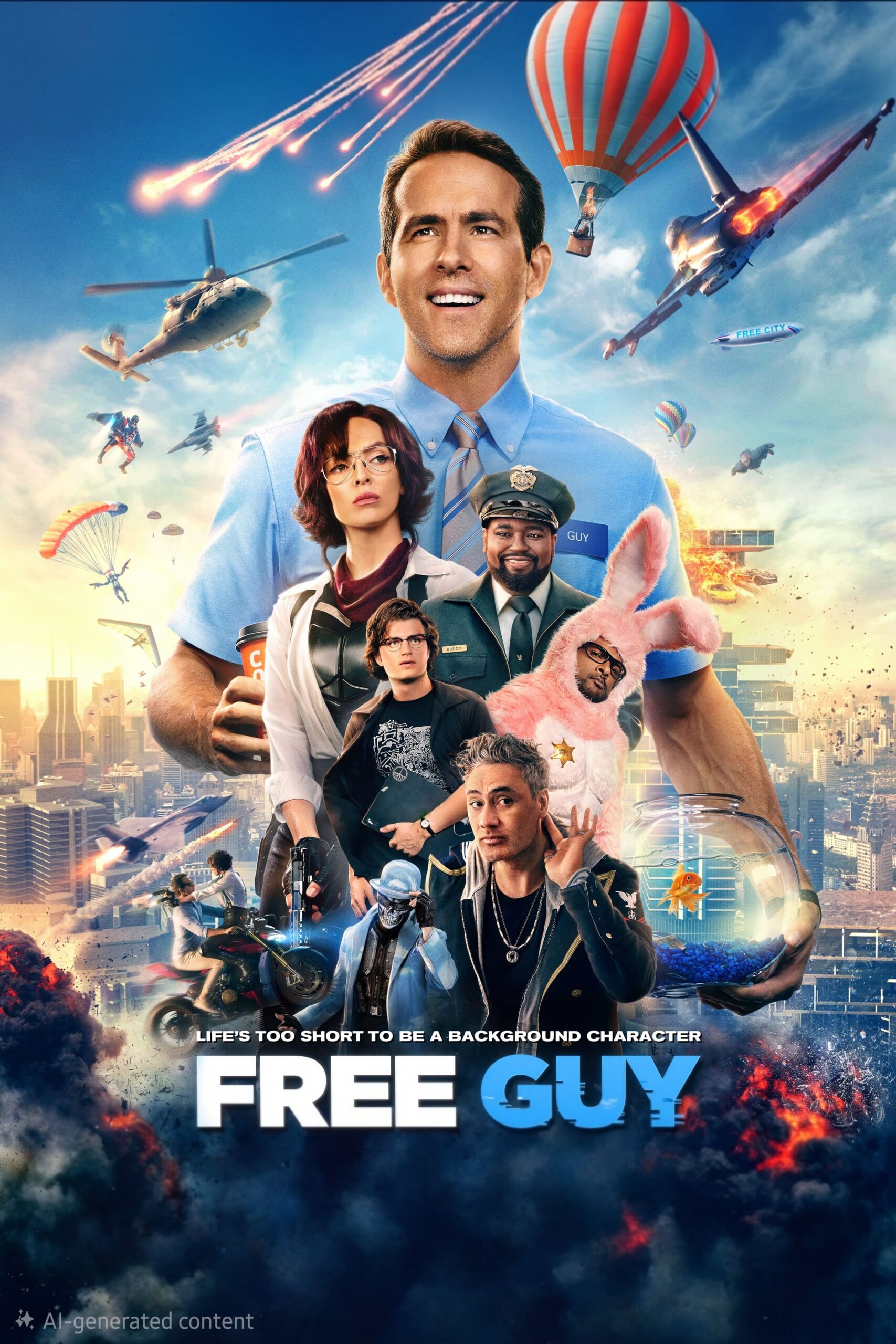 A smiling man in a blue shirt stands out amid action scenes, helicopters, hot air balloons, and quirky characters, including a person in a pink bunny suit—capturing the lively energy you’d find with IPTV Brasil. The title FREE GUY appears at the bottom.