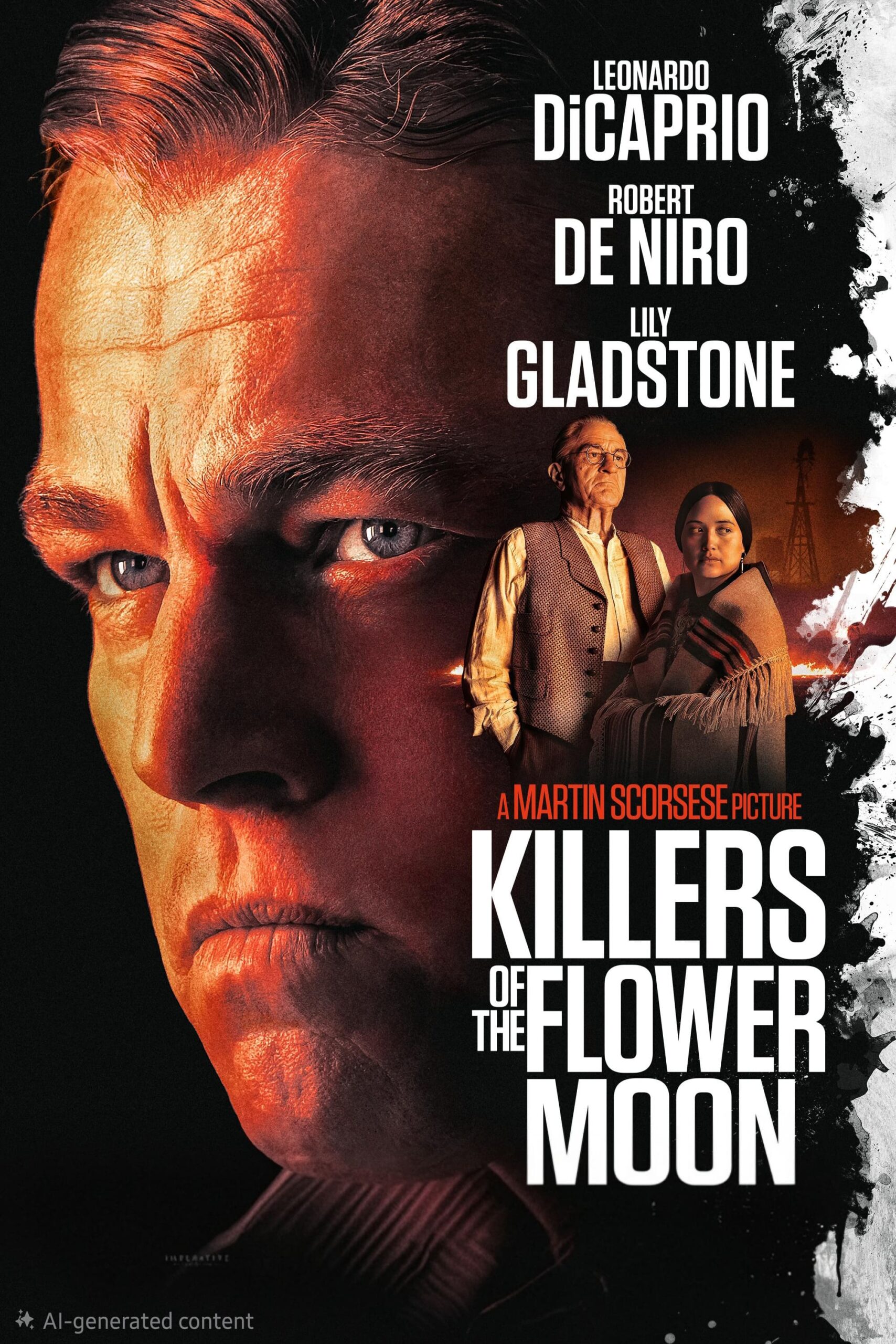 Movie poster for Killers of the Flower Moon showing a close-up of a man’s face, with two people standing beside an oil rig, and the names Leonardo DiCaprio, Robert De Niro, Lily Gladstone. Experience this cinematic masterpiece on Brasil IPTV for top-quality streaming at your convenience.