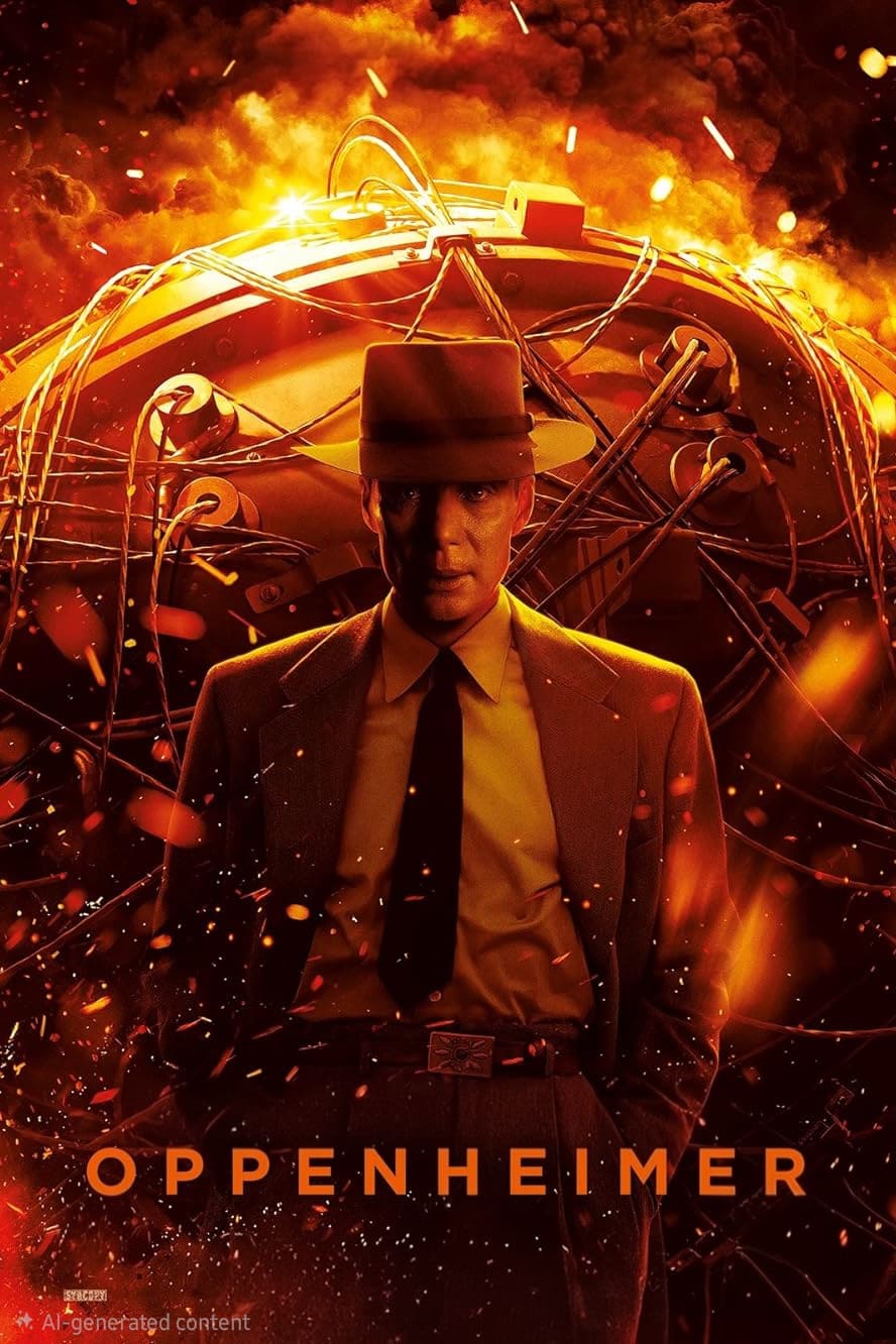 A man in a suit and hat stands in front of swirling flames and wires, with a large glowing orb behind him. The word Oppenheimer appears at the bottom of the image, capturing an intense scene reminiscent of cinematic moments streamed on platforms like Brasil IPTV.