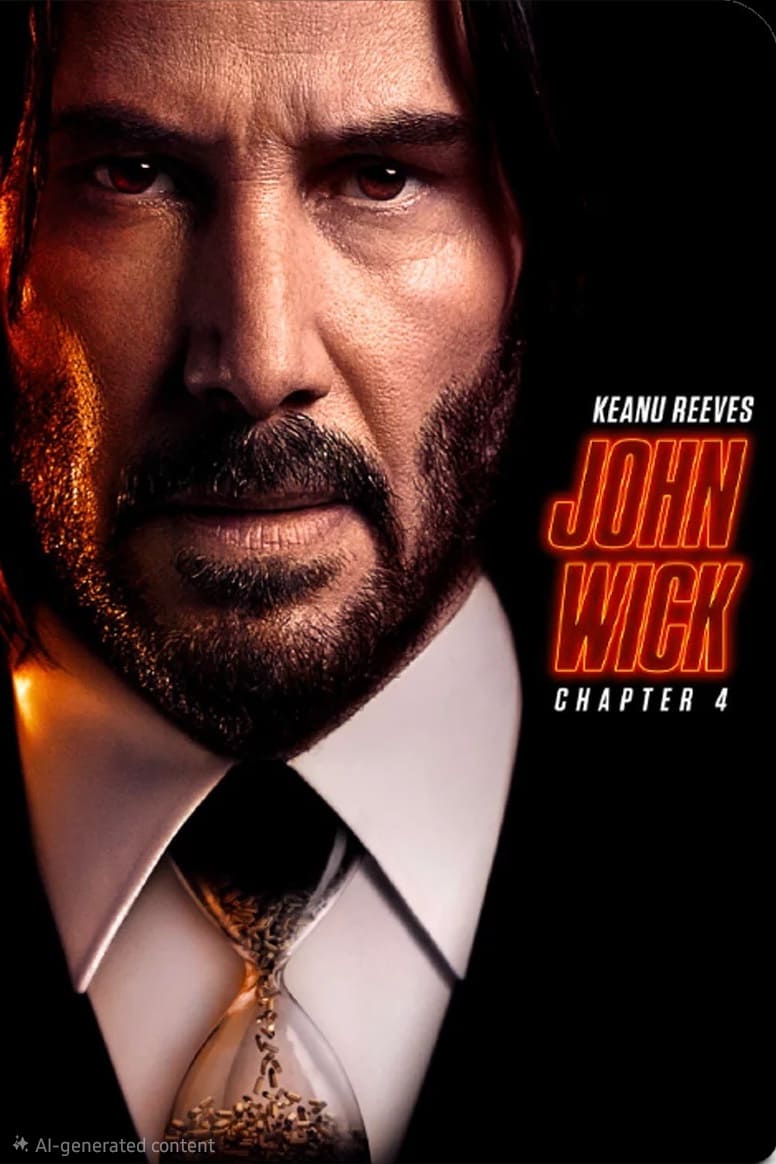 Close-up of a man with long hair and a beard in a suit and tie. Text reads: Keanu Reeves John Wick Chapter 4 in bold orange and red letters, streaming now on IPTV BrasiL.