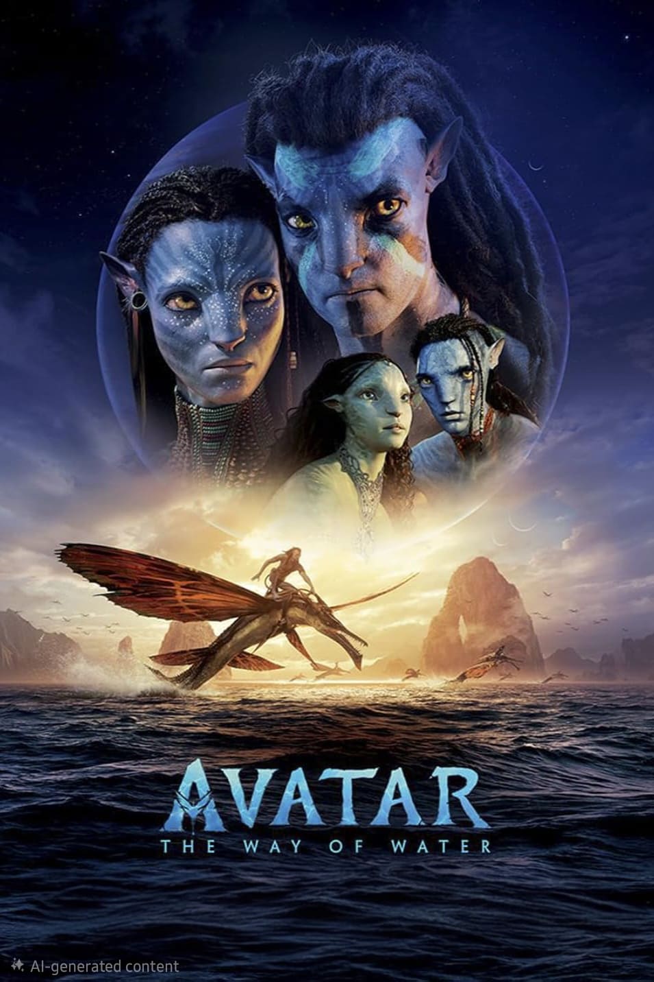 Poster for Avatar: The Way of Water, featuring four blue Navi characters above a sunset ocean scene, with a Navi riding a flying creature over the water. The film title is at the bottom, making it a perfect highlight for your IPTV BrasiL collection.