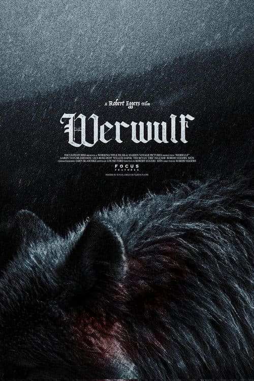 A moody, dark poster shows the head and fur of a black wolf. The word Werwulf appears in bold, gothic text at the center, with credits and A Robert Eggers film above. Snow is falling across the image, while a subtle watermark in the corner reads IPTV Brasil, adding a modern twist to this haunting visual.