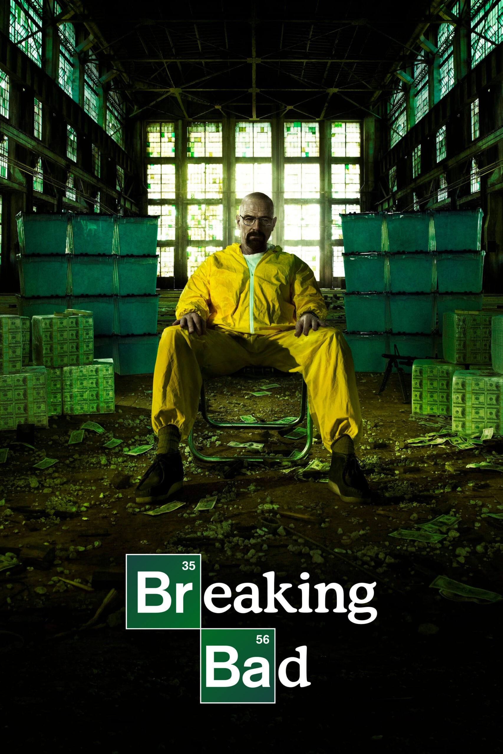 A man in a yellow hazmat suit sits in a warehouse surrounded by stacks of cash, with Breaking Bad written at the bottom. Green light filters through large windows behind him, capturing the dramatic atmosphere—perfect for fans streaming their favorite series on IPTV BrasiL.