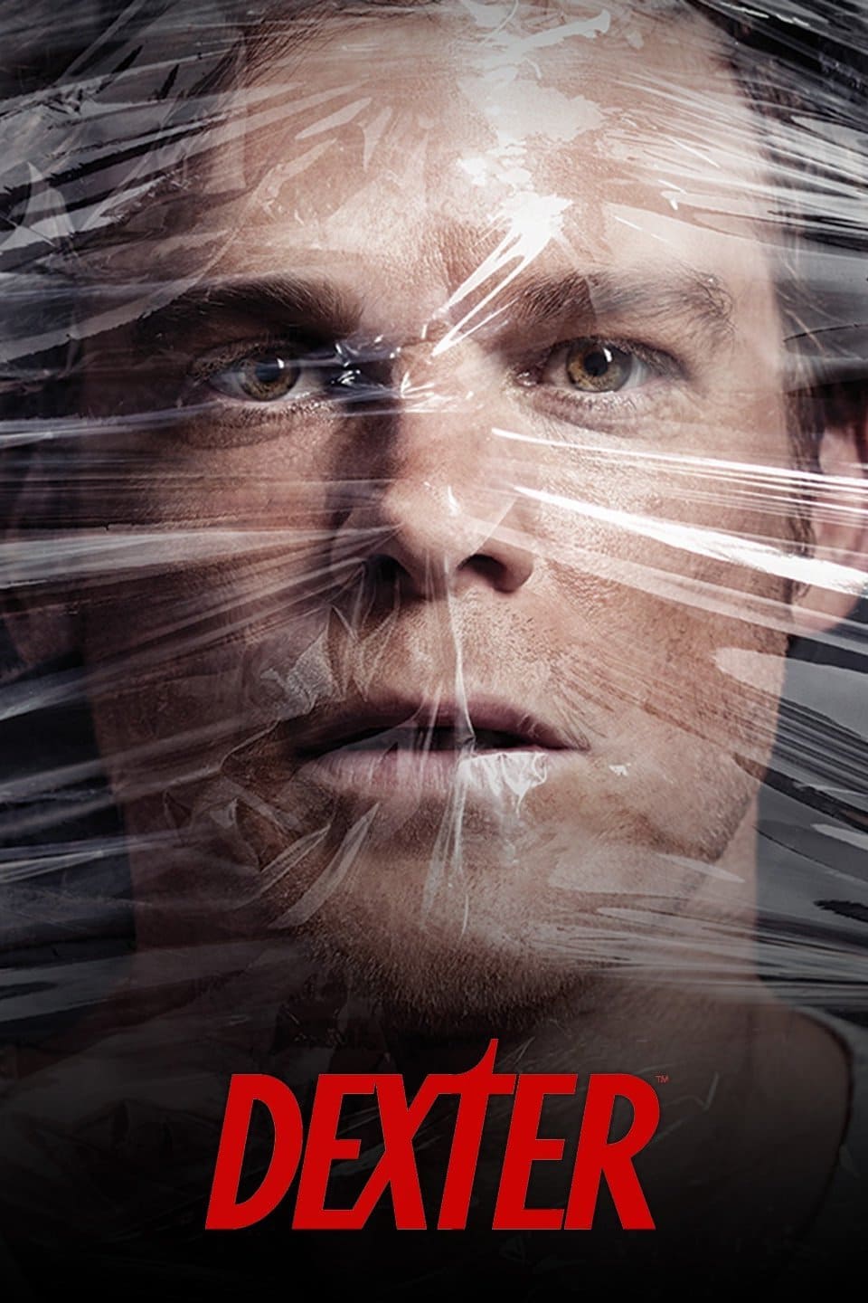 A close-up of a mans face pressed against clear plastic wrap, looking serious. The word DEXTER in bold red letters is at the bottom, with a subtle reference to IPTV BrasiL adding a modern twist.