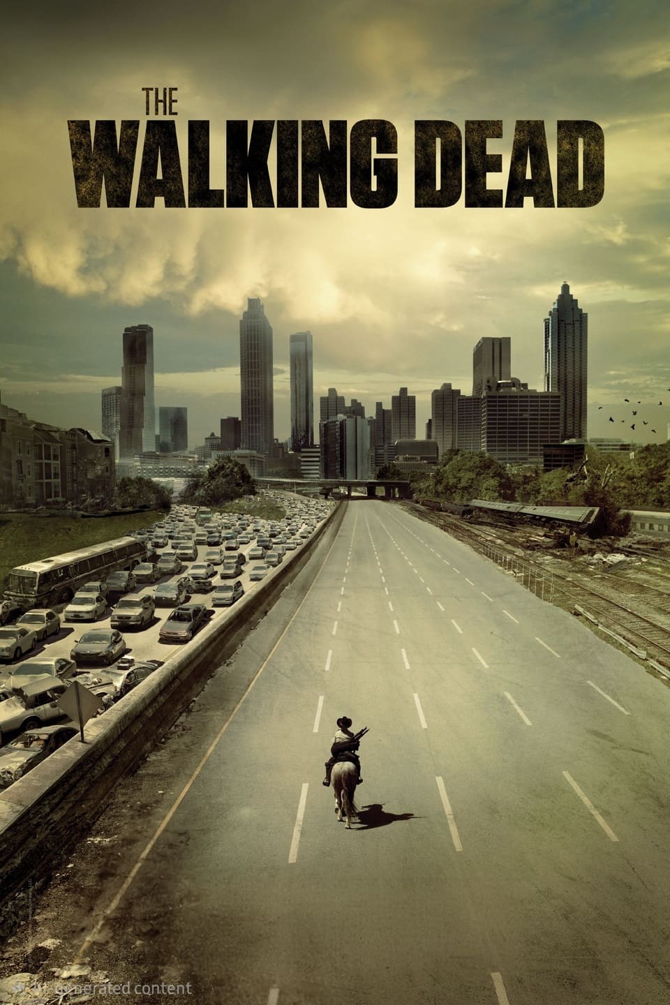 A lone person on horseback rides down an empty highway toward a city skyline, while the opposite side is filled with abandoned cars. The sky is cloudy, and The Walking Dead logo is above the scene—a striking image often found as dramatic artwork or even featured backgrounds for platforms like Brasil IPTV.