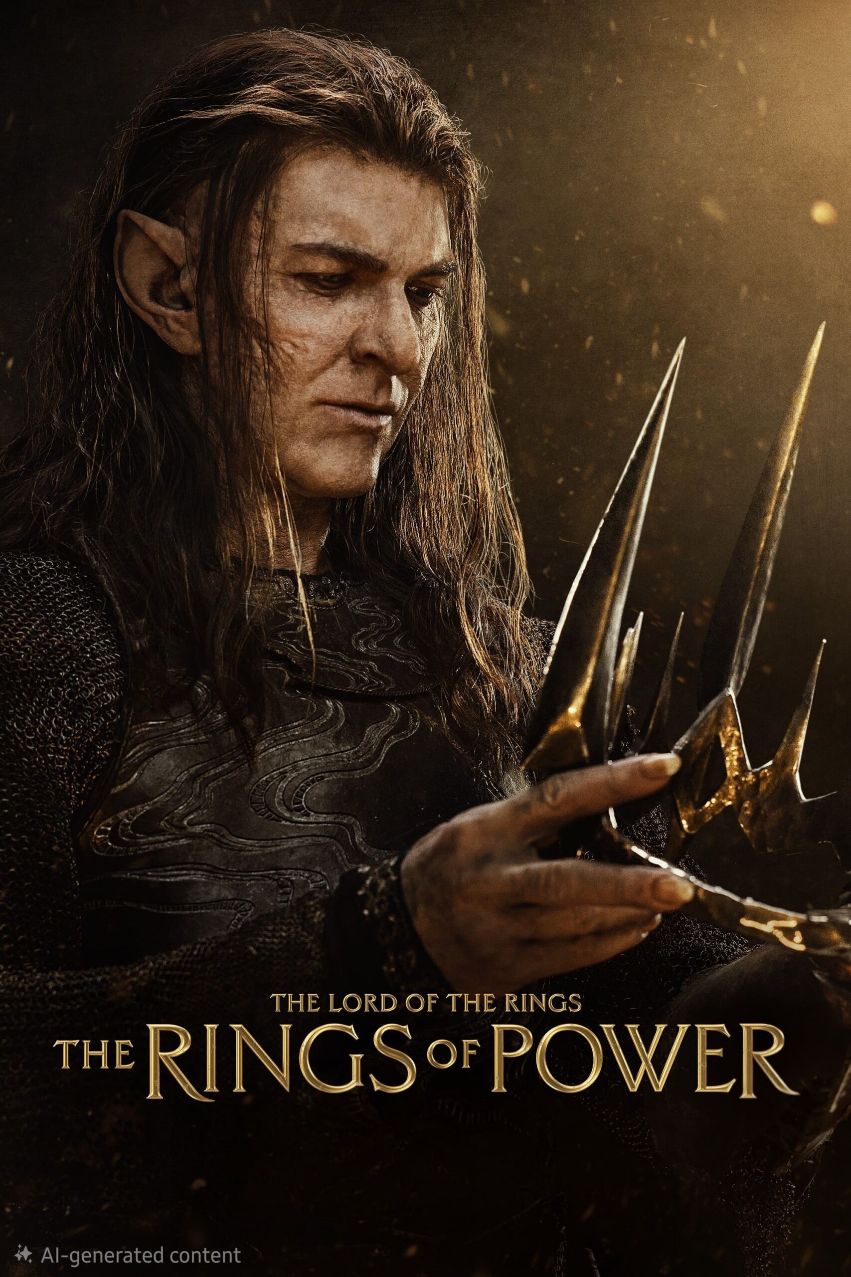 A long-haired elf with pointed ears, wearing dark armor, examines a jagged, golden ring. Text reads: The Lord of the Rings: The Rings of Power. The background is dark and dramatic with golden highlights—perfect for fans streaming epic adventures on IPTV Brasil services.