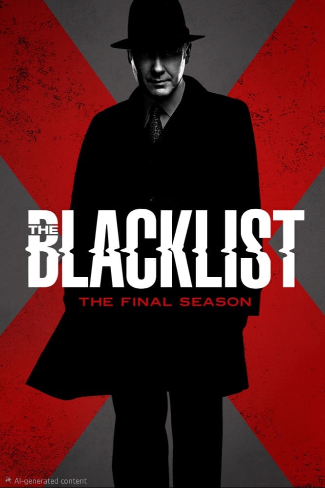 A man in a dark coat and hat stands in front of a red X. The text reads The Blacklist: The Final Season. Streaming now on Brasil IPTV, the background is gray with a red X filling most of the space.