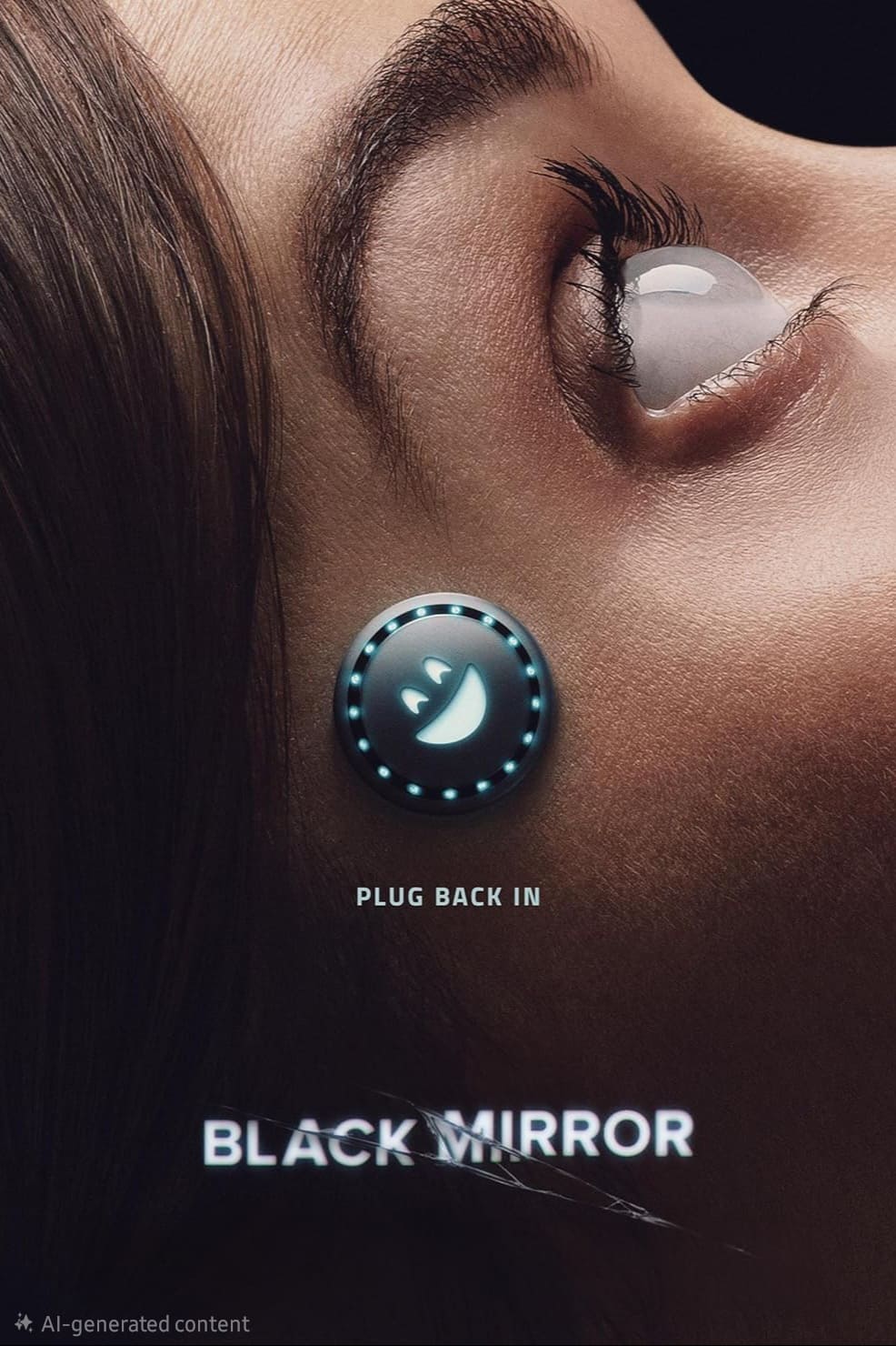 A close-up of a person’s face with a glowing digital smiley face icon near their ear. Text reads PLUG BACK IN and BLACK MIRROR, hinting at the futuristic edge of IPTV BrasiL. The bottom corner notes AI-generated content.