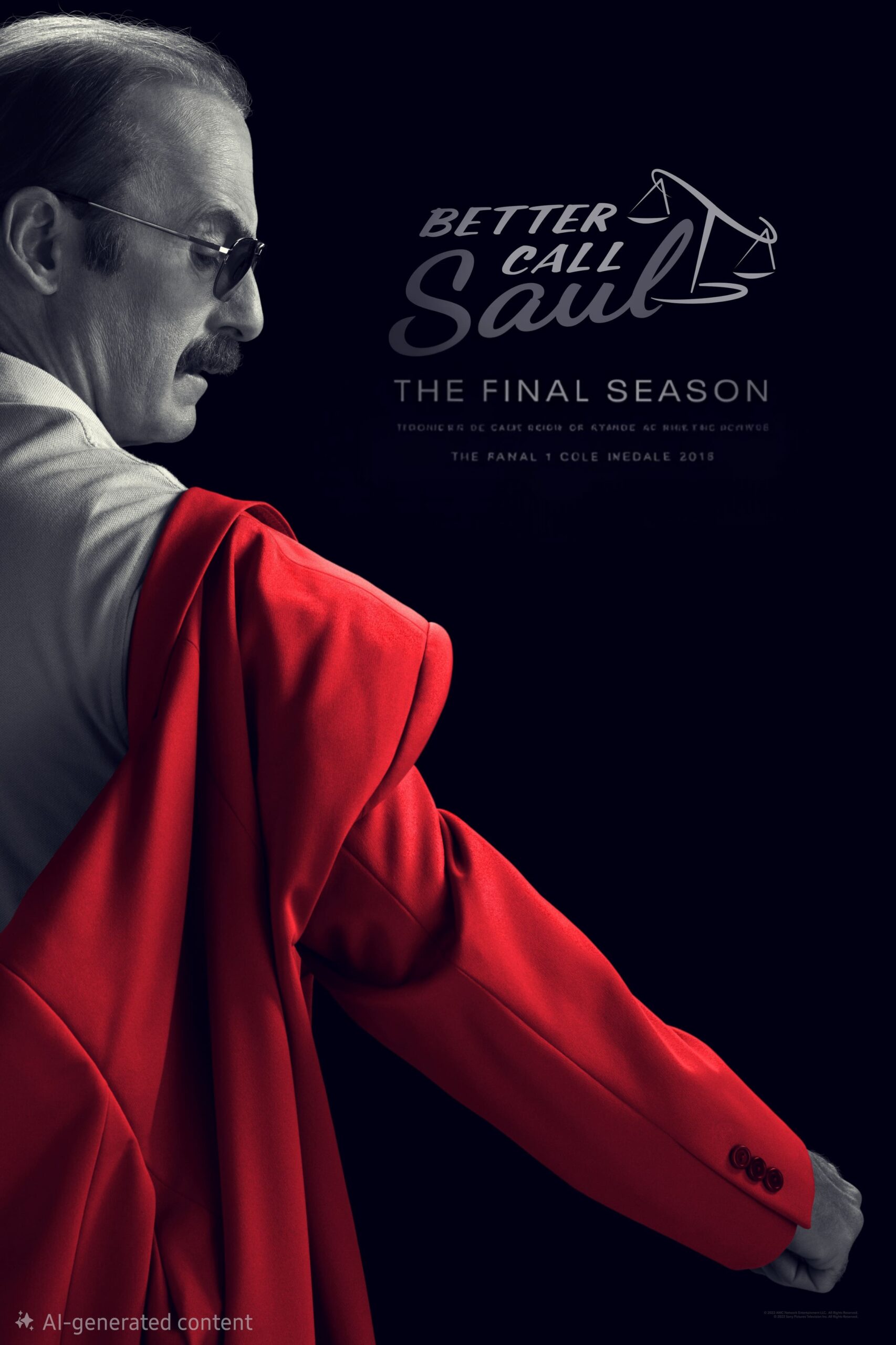 A man with glasses and a mustache puts on a red suit jacket. The text reads Better Call Saul: The Final Season. The background is dark, creating a dramatic atmosphere—perfect for fans streaming the show on IPTV BrasiL.