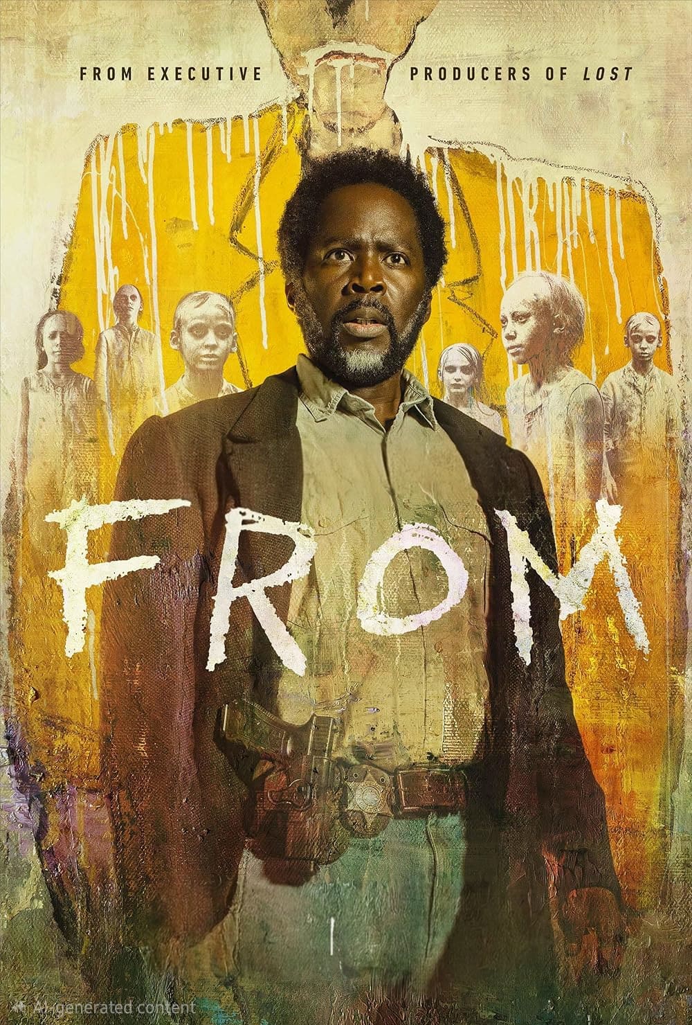 A man stands in front of eerie, ghostly figures with FROM written across the image. The background features yellow tones and shadowy faces, creating a mysterious and unsettling atmosphere—reminiscent of a suspenseful scene you might discover while streaming on IPTV BrasiL.