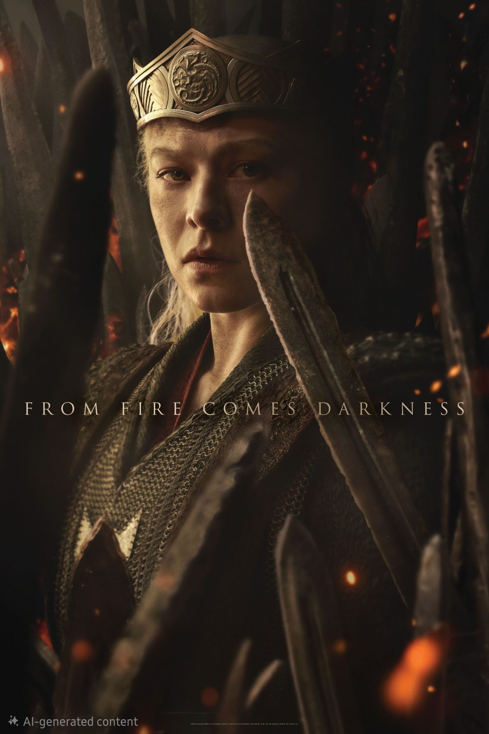 A crowned woman in armor sits on a throne of swords with glowing embers around her, evoking the intensity of Brasil IPTV. Text across the image reads, From fire comes darkness.