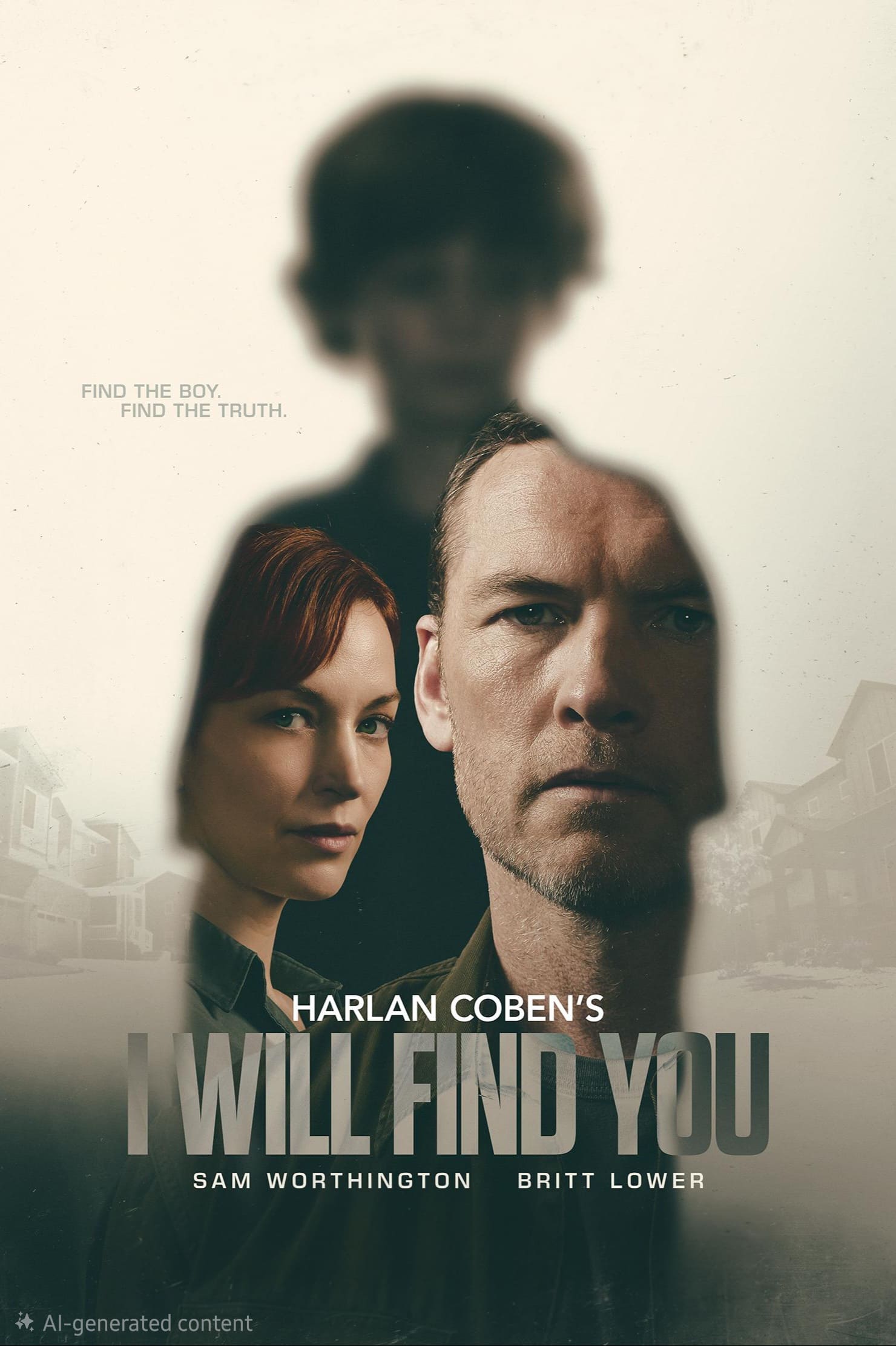 A serious man and woman stand inside the silhouette of a boy. Text reads, Harlan Coben’s I Will Find You. The tagline says, Find the boy. Find the truth. Dim houses and a misty background are visible, suggesting secrets waiting to be uncovered—now streaming on Brasil IPTV for viewers across the region.
