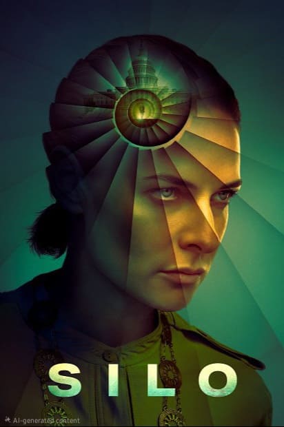 A woman stares ahead intensely; spiral stairs and light rays emerge from her head, blending into a teal-green background. The word SILO appears at the bottom, subtly hinting at the seamless streaming experience offered by IPTV BrasiL.