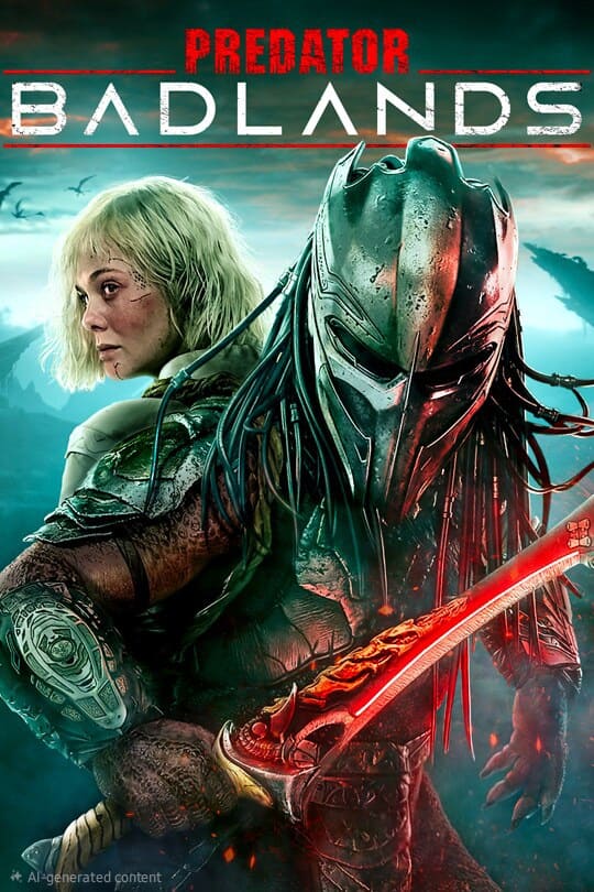 A blonde woman in armor stands back-to-back with a masked, armored alien holding a red-glowing weapon. The title Predator Badlands appears above them against a misty, mountainous background, evoking the cinematic thrill often featured on IPTV BrasiL.