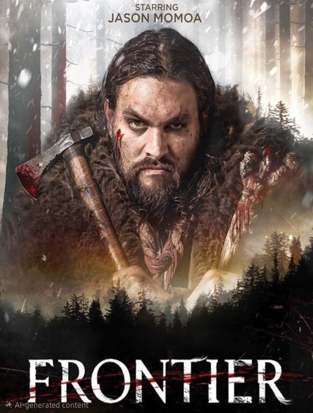 A man with a fierce expression holds an axe, dressed in fur clothing, surrounded by snow and trees. The text reads Starring Jason Momoa and Frontier, now streaming on Brasil IPTV.