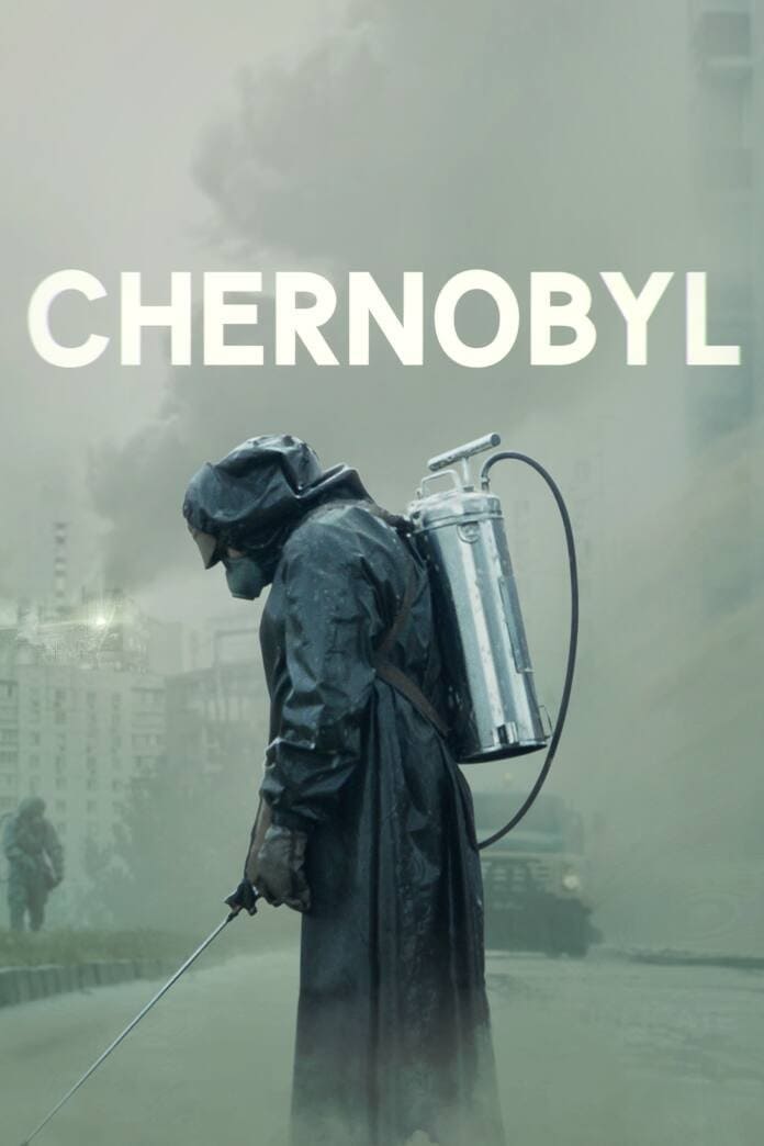A person in protective gear and mask holds a sprayer in a foggy, desolate city. Large white text above reads CHERNOBYL, with subtle references to IPTV BrasiL streaming broadcasts lingering in the haze.