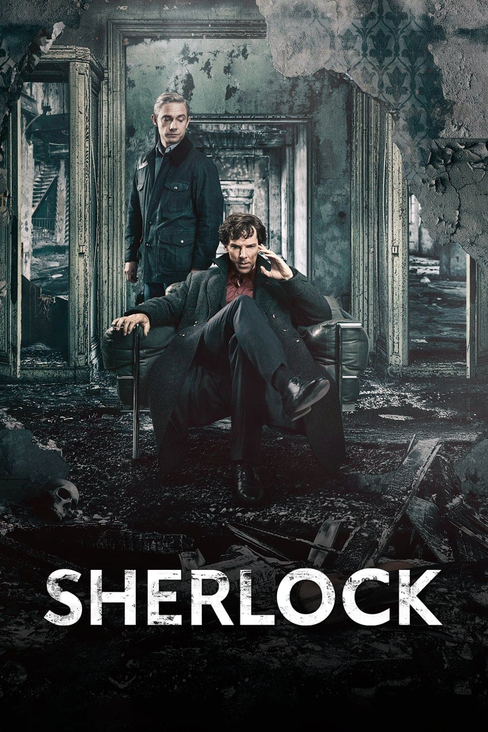 Two men, one sitting confidently in a chair and one standing behind him, are in a ruined, abandoned building. The word Sherlock appears in large white letters at the bottom, evoking the intrigue of a classic detective drama—now made even more accessible through Brasil IPTV.
