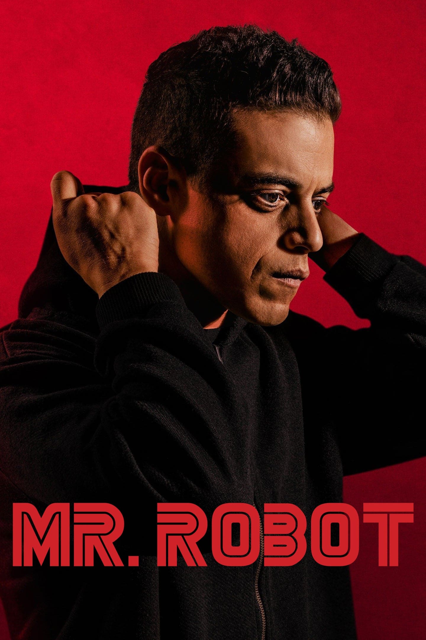 A man in a black hoodie faces sideways against a red background, adjusting his hood. Text at the bottom reads MR. ROBOT in bold red letters, evoking the mysterious world of IPTV BrasiL.